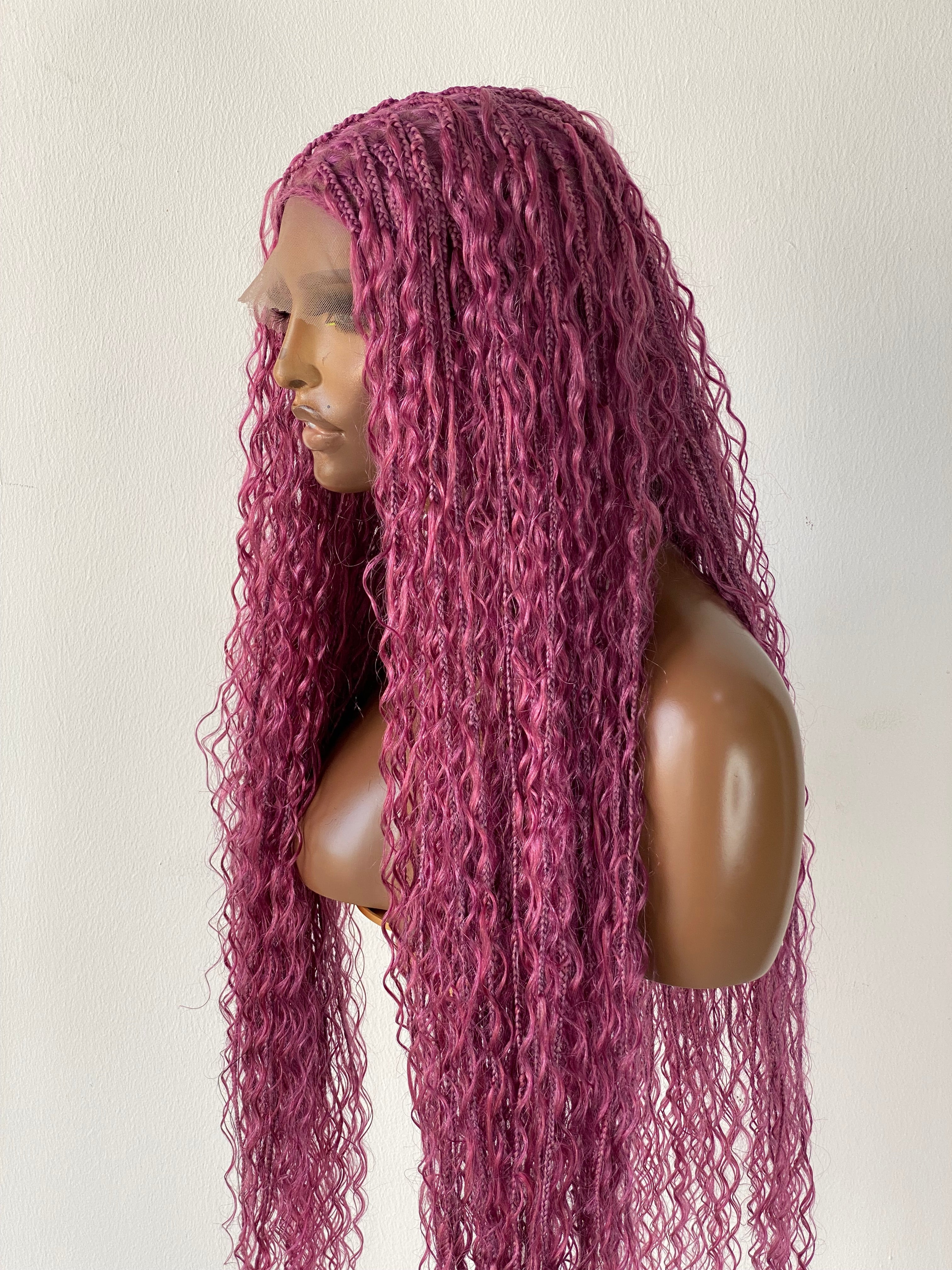 Bohemian Knotless Braid Wig, Pink Color (100% Human Hair Curls) Full lace - Tara Bohemian Knotless Braid Wig, Pink Color (100% Human Hair Curls) Full lace - Tara