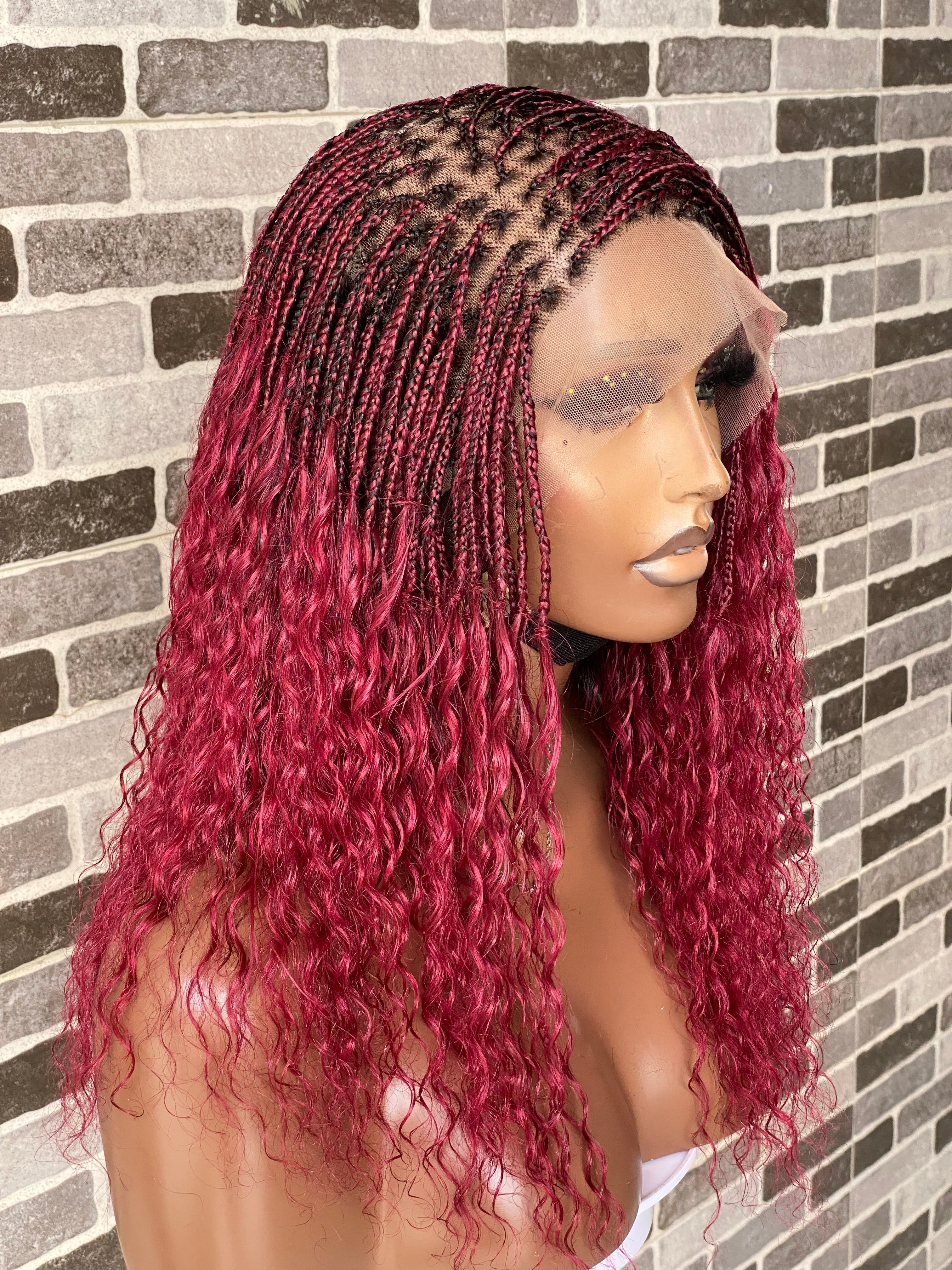Wet And Wavy 100% Human Hair Knotless Braid Wig, HD Full Lace, Burgundy Wet And Wavy 100% Human Hair Knotless Braid Wig, HD Full Lace, Burgundy