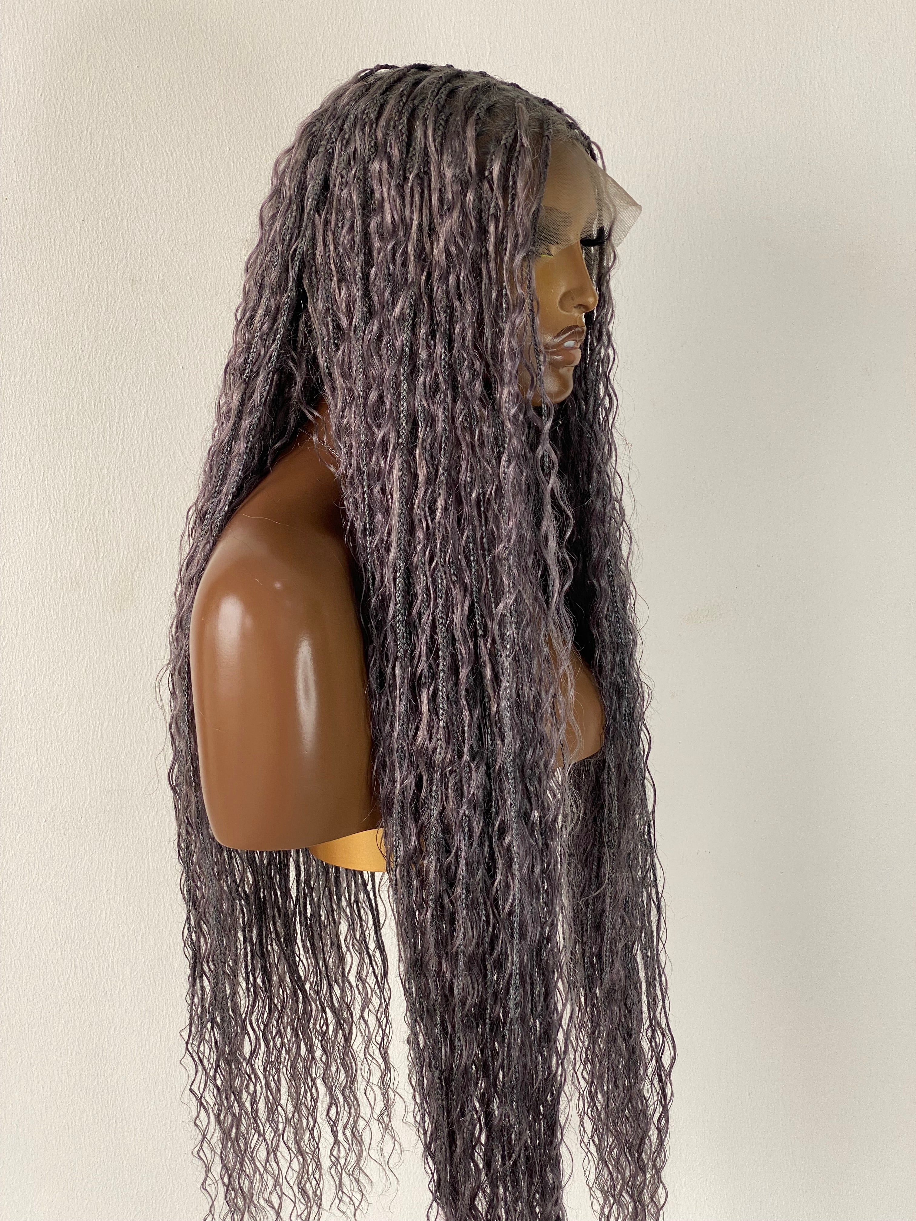 100% Human Hair Bohemian Knotless Braid Wig, Gray Color, Waist Length - (TARA GERY) 100% Human Hair Bohemian Knotless Braid Wig, Gray Color, Waist Length - (TARA GERY)