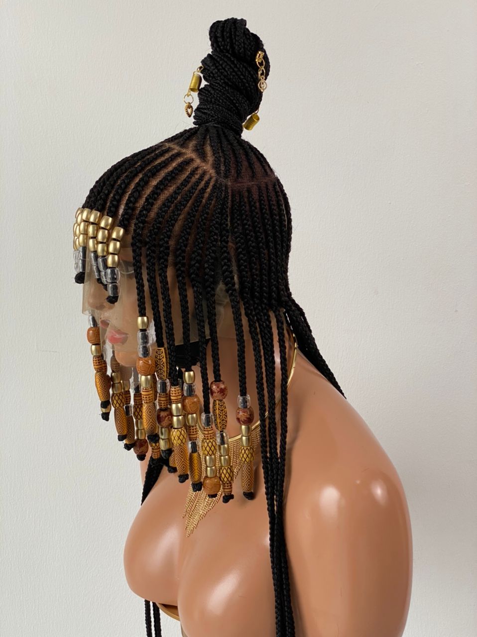 Queen Arewa Cornrow Beaded Wig (100% Full Lace Base) Color 1B Queen Arewa Cornrow Beaded Wig (100% Full Lace Base) Color 1B