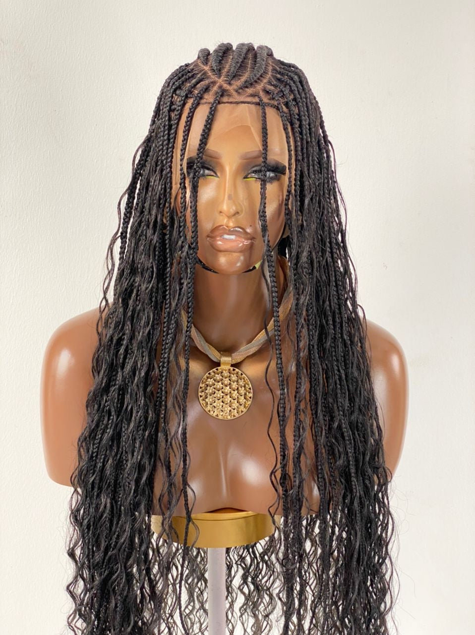 Crush Bohemian Cornrow Braided Wig, Swiss Full Lace, Black Color, Waist Length, Standard Density. Crush Bohemian Cornrow Braided Wig, Swiss Full Lace, Black Color, Waist Length, Standard Density.