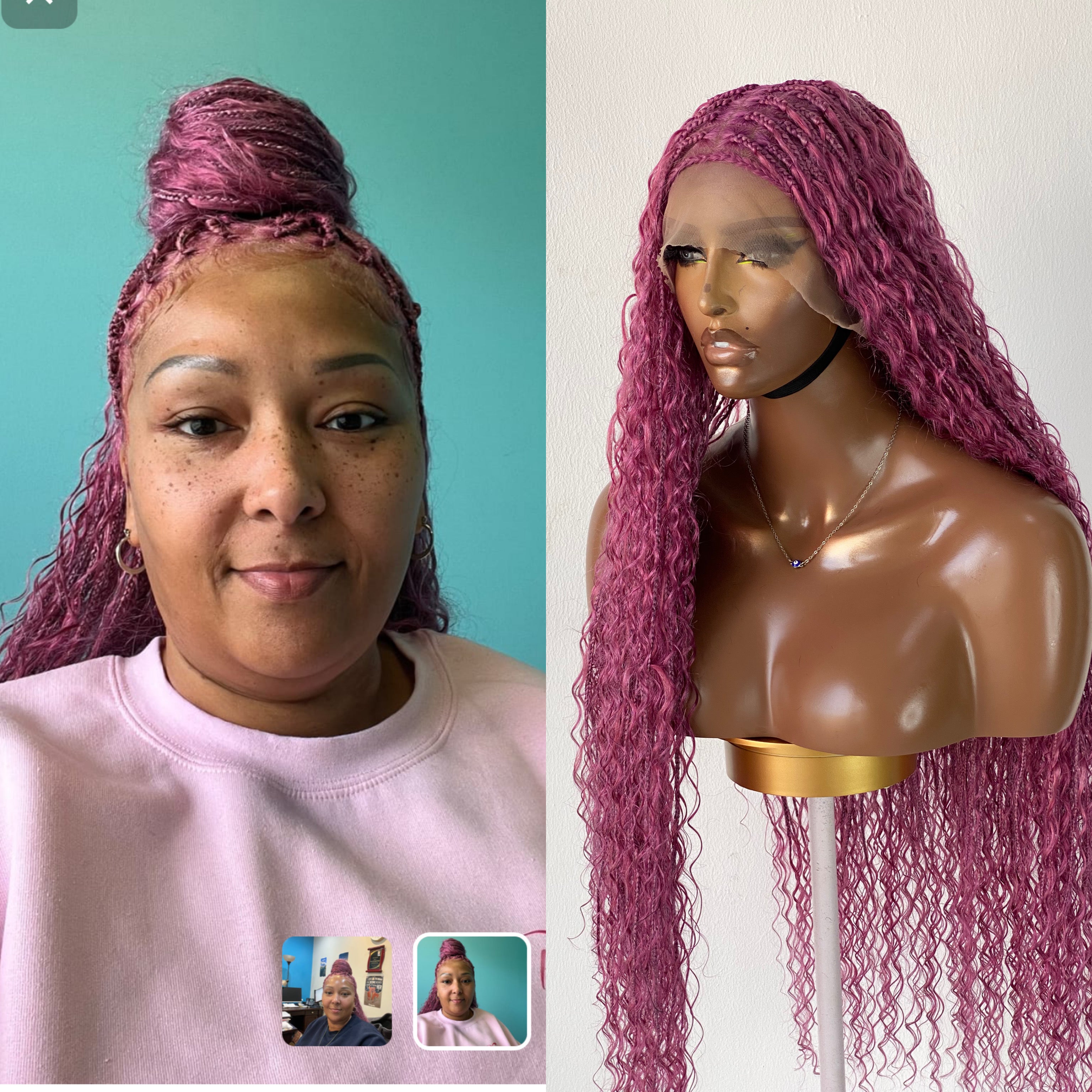 Bohemian Knotless Braid Wig, Pink Color (100% Human Hair Curls) Full lace - Tara Bohemian Knotless Braid Wig, Pink Color (100% Human Hair Curls) Full lace - Tara