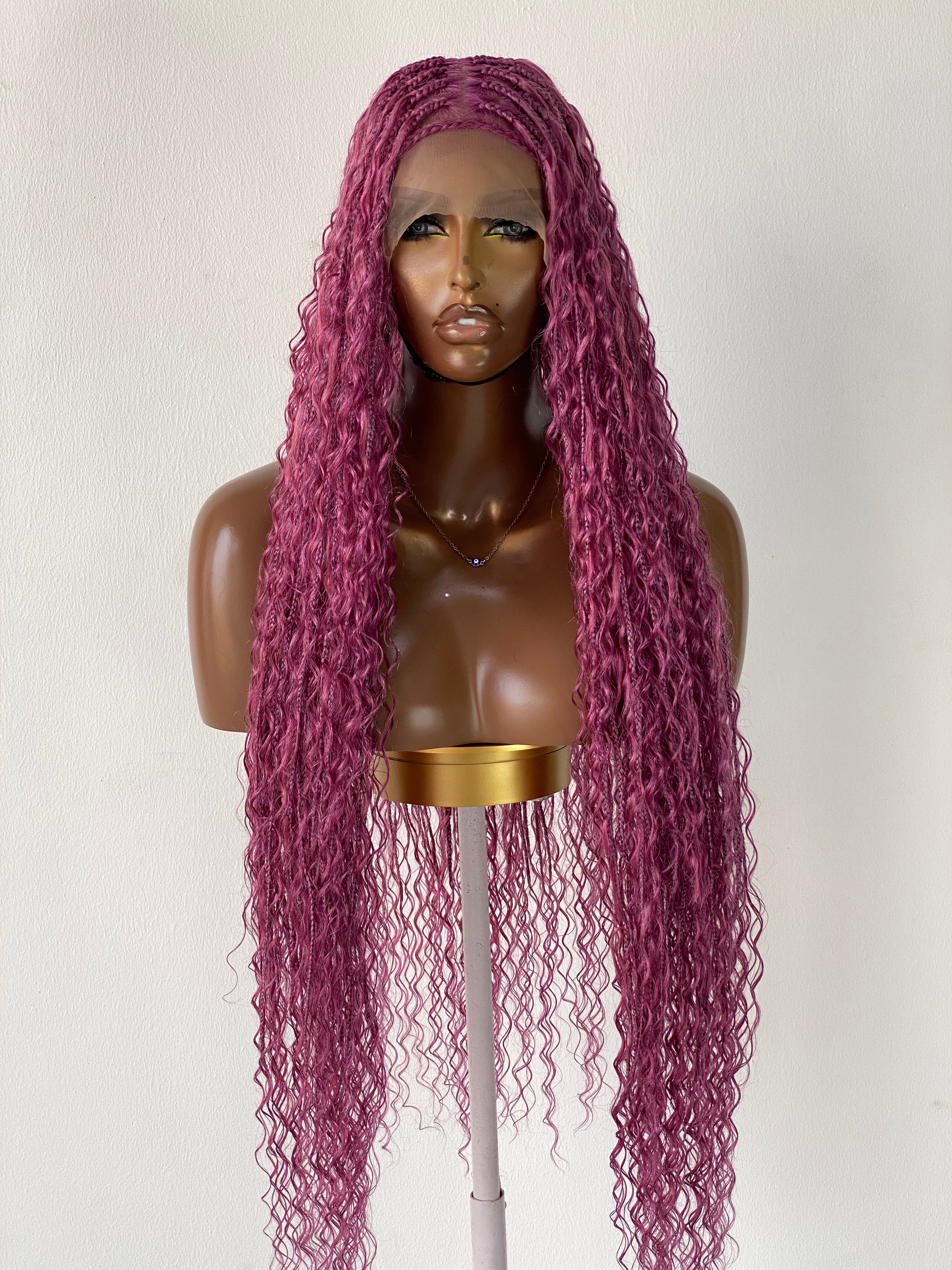 Bohemian Knotless Braid Wig, Pink Color (100% Human Hair Curls) Full lace - Tara Bohemian Knotless Braid Wig, Pink Color (100% Human Hair Curls) Full lace - Tara