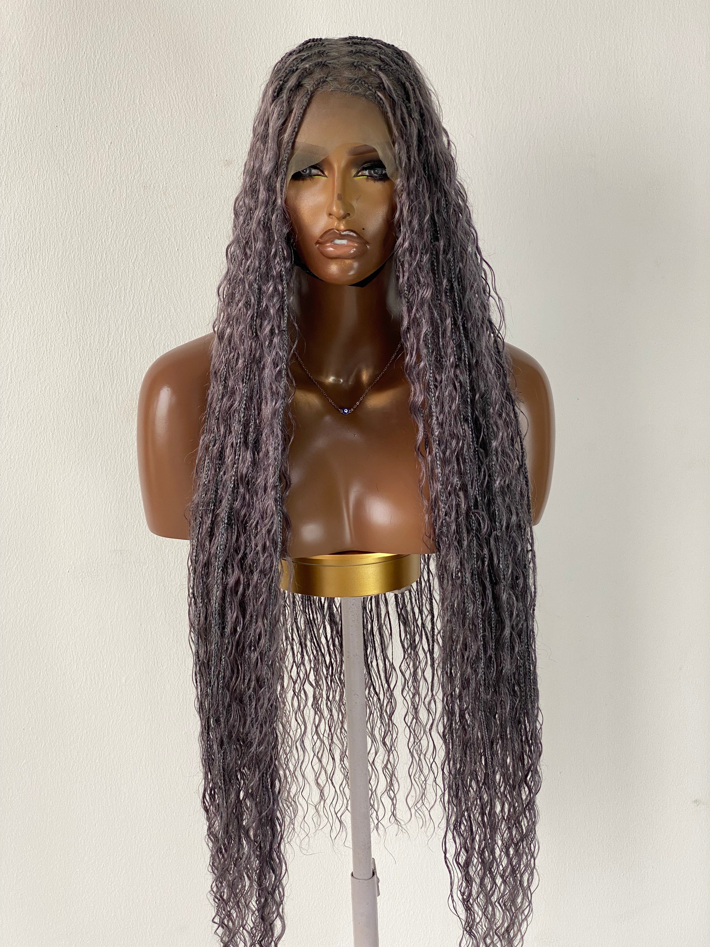 100% Human Hair Bohemian Knotless Braid Wig, Gray Color, Waist Length - (TARA GERY) 100% Human Hair Bohemian Knotless Braid Wig, Gray Color, Waist Length - (TARA GERY)