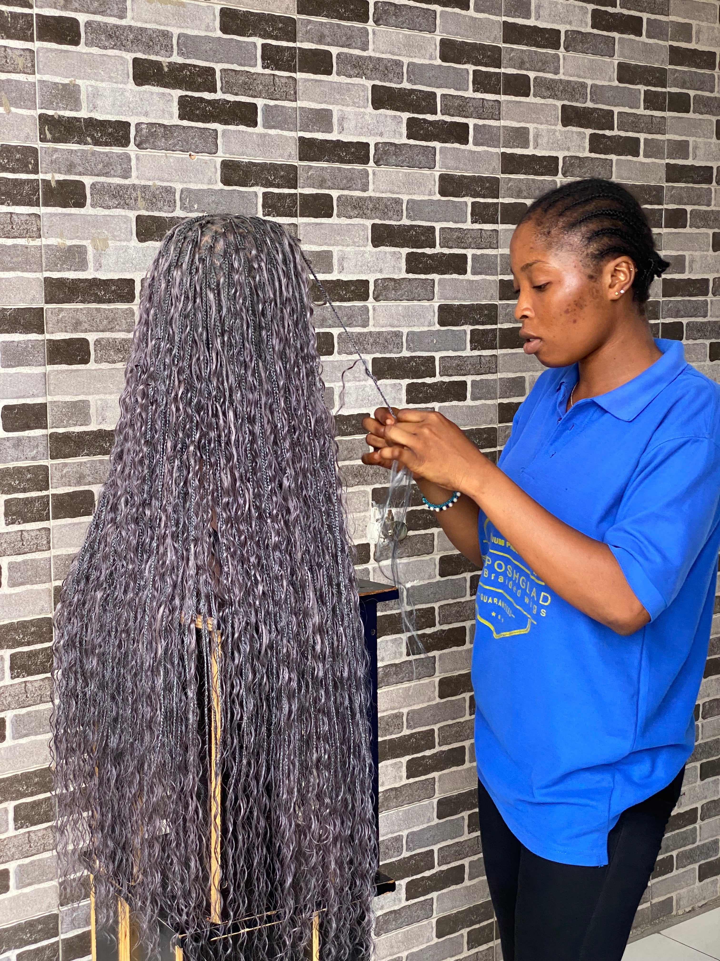 100% Human Hair Bohemian Knotless Braid Wig, Gray Color, Waist Length - (TARA GERY) 100% Human Hair Bohemian Knotless Braid Wig, Gray Color, Waist Length - (TARA GERY)