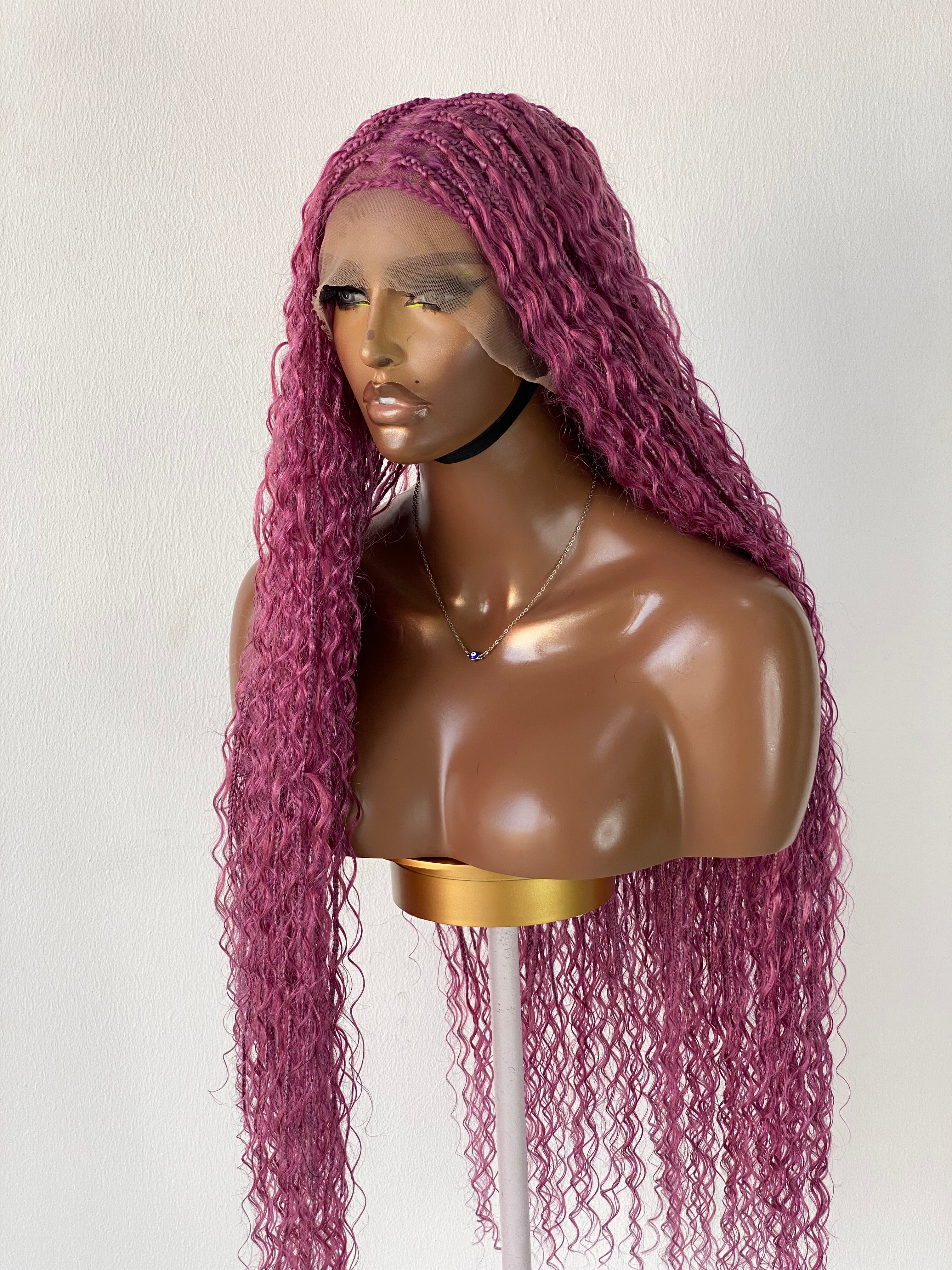 Bohemian Knotless Braid Wig, Pink Color (100% Human Hair Curls) Full lace - Tara Bohemian Knotless Braid Wig, Pink Color (100% Human Hair Curls) Full lace - Tara