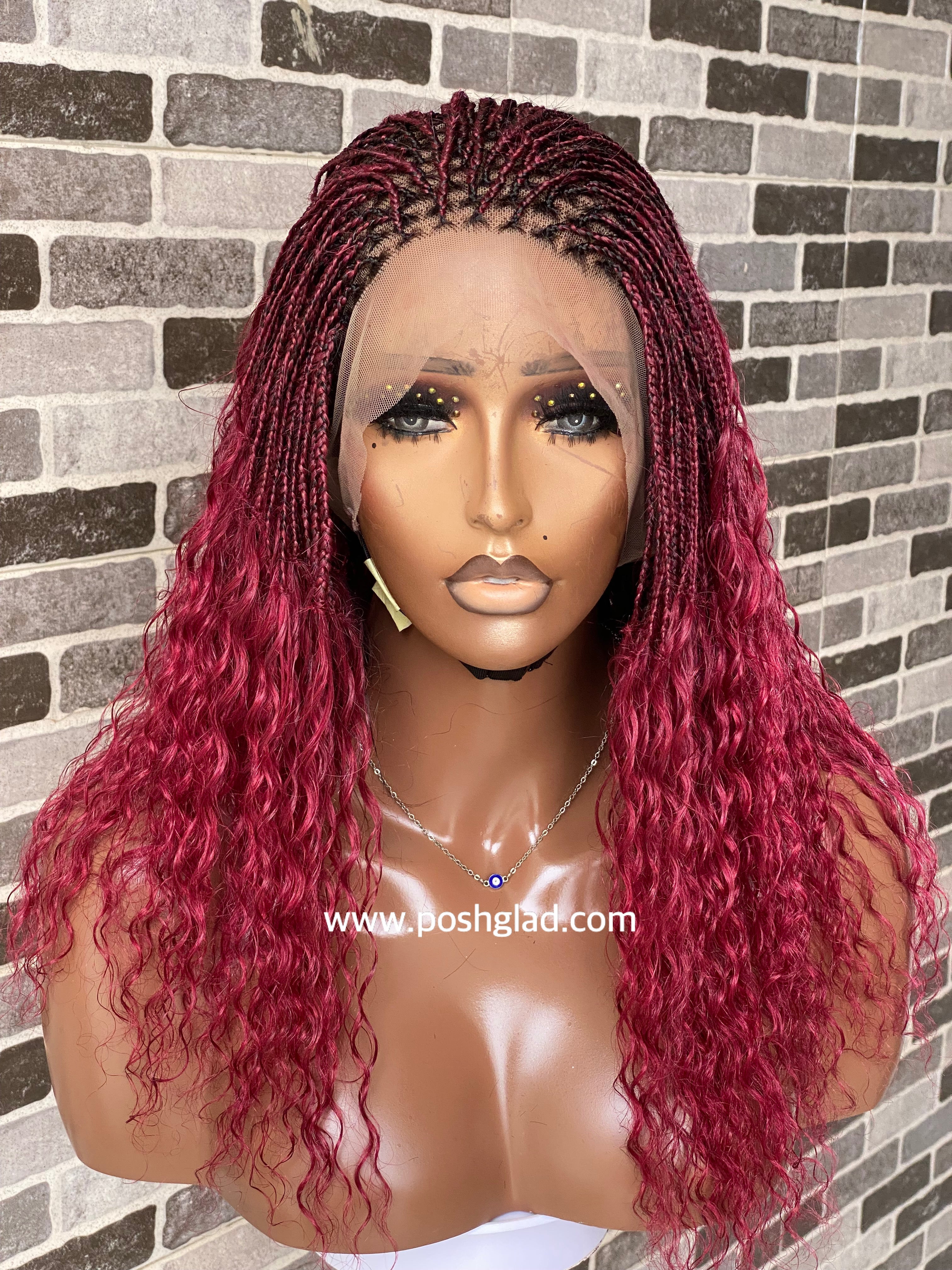 Wet And Wavy 100% Human Hair Knotless Braid Wig, HD Full Lace, Burgundy Wet And Wavy 100% Human Hair Knotless Braid Wig, HD Full Lace, Burgundy