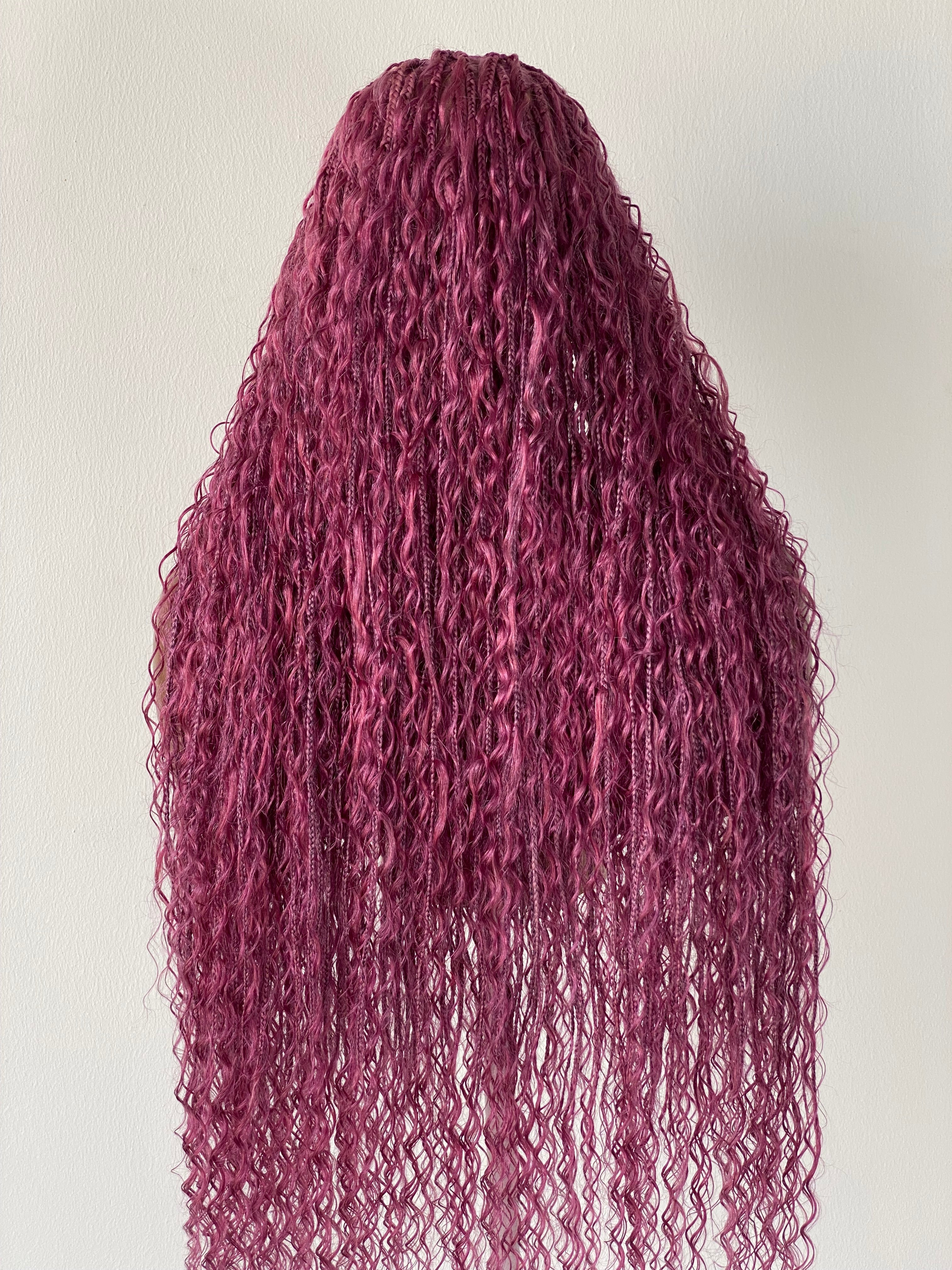 Bohemian Knotless Braid Wig, Pink Color (100% Human Hair Curls) Full lace - Tara Bohemian Knotless Braid Wig, Pink Color (100% Human Hair Curls) Full lace - Tara