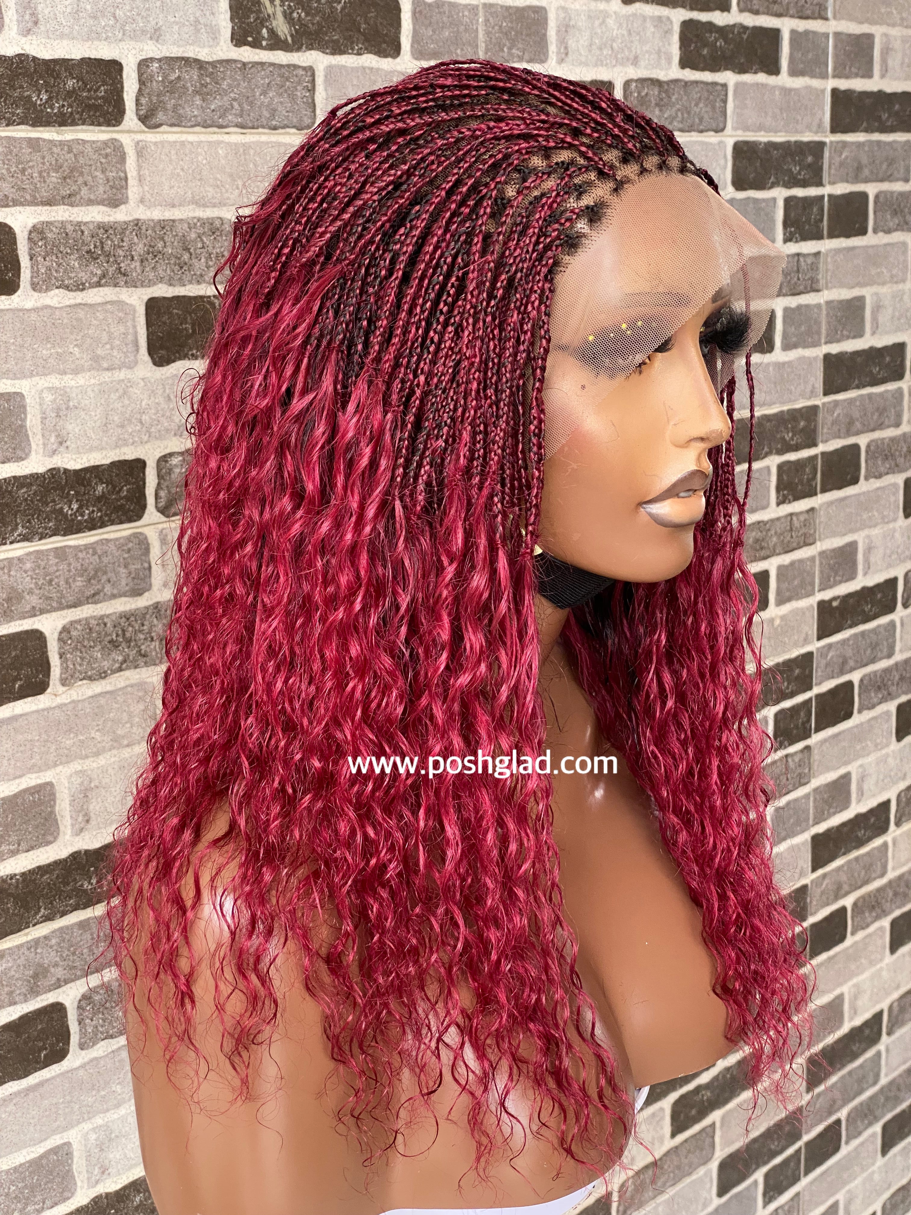Wet And Wavy 100% Human Hair Knotless Braid Wig, HD Full Lace, Burgundy Wet And Wavy 100% Human Hair Knotless Braid Wig, HD Full Lace, Burgundy