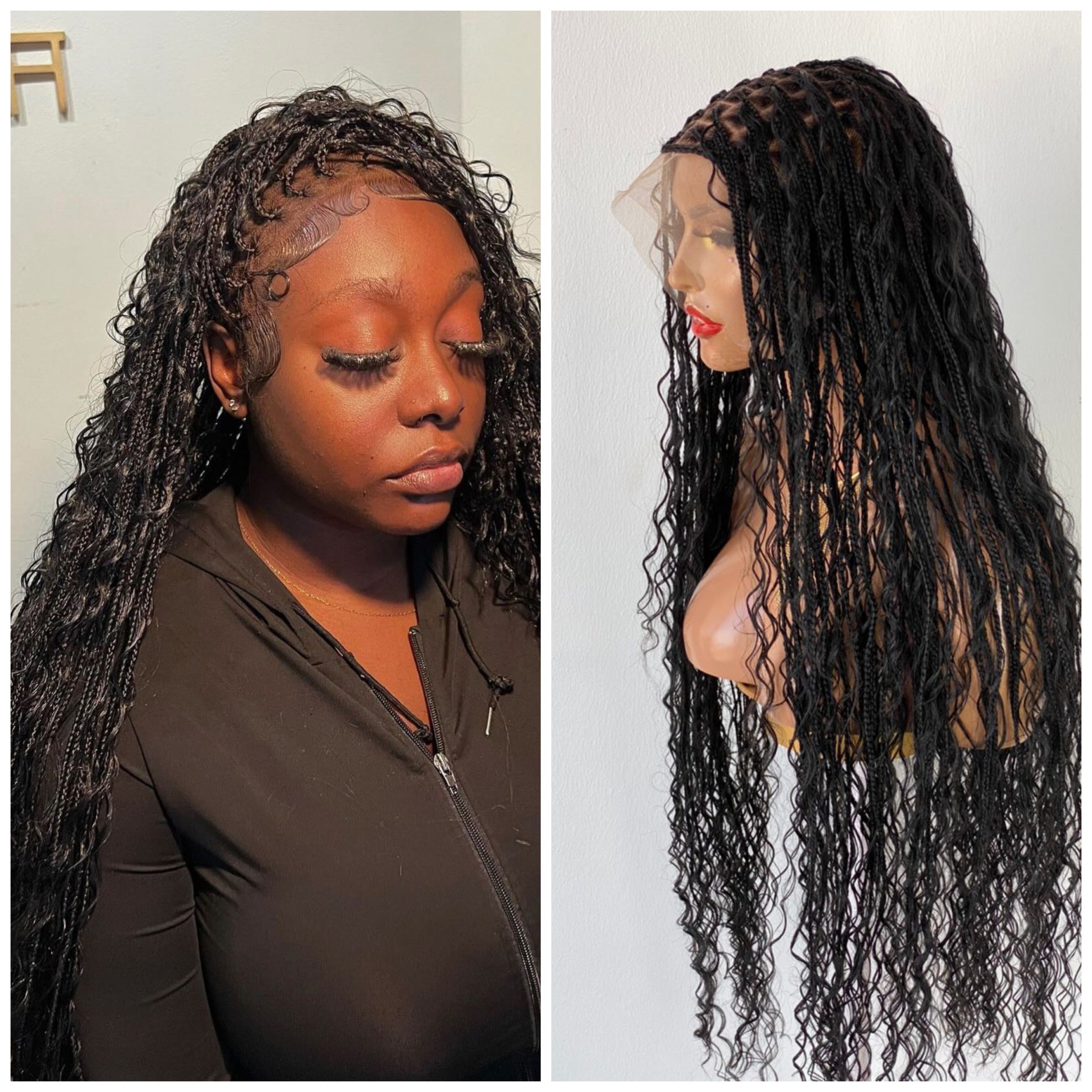 Bohemian Knotless Braided Wig, Swiss Full Lace, Black Color, Waist Length - READY TO SHIP Bohemian Knotless Braided Wig, Swiss Full Lace, Black Color, Waist Length - READY TO SHIP