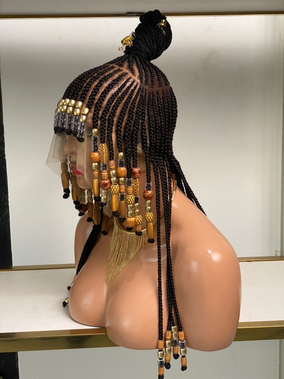 Queen Arewa Cornrow Beaded Wig (100% Full Lace Base) Color 1B Queen Arewa Cornrow Beaded Wig (100% Full Lace Base) Color 1B