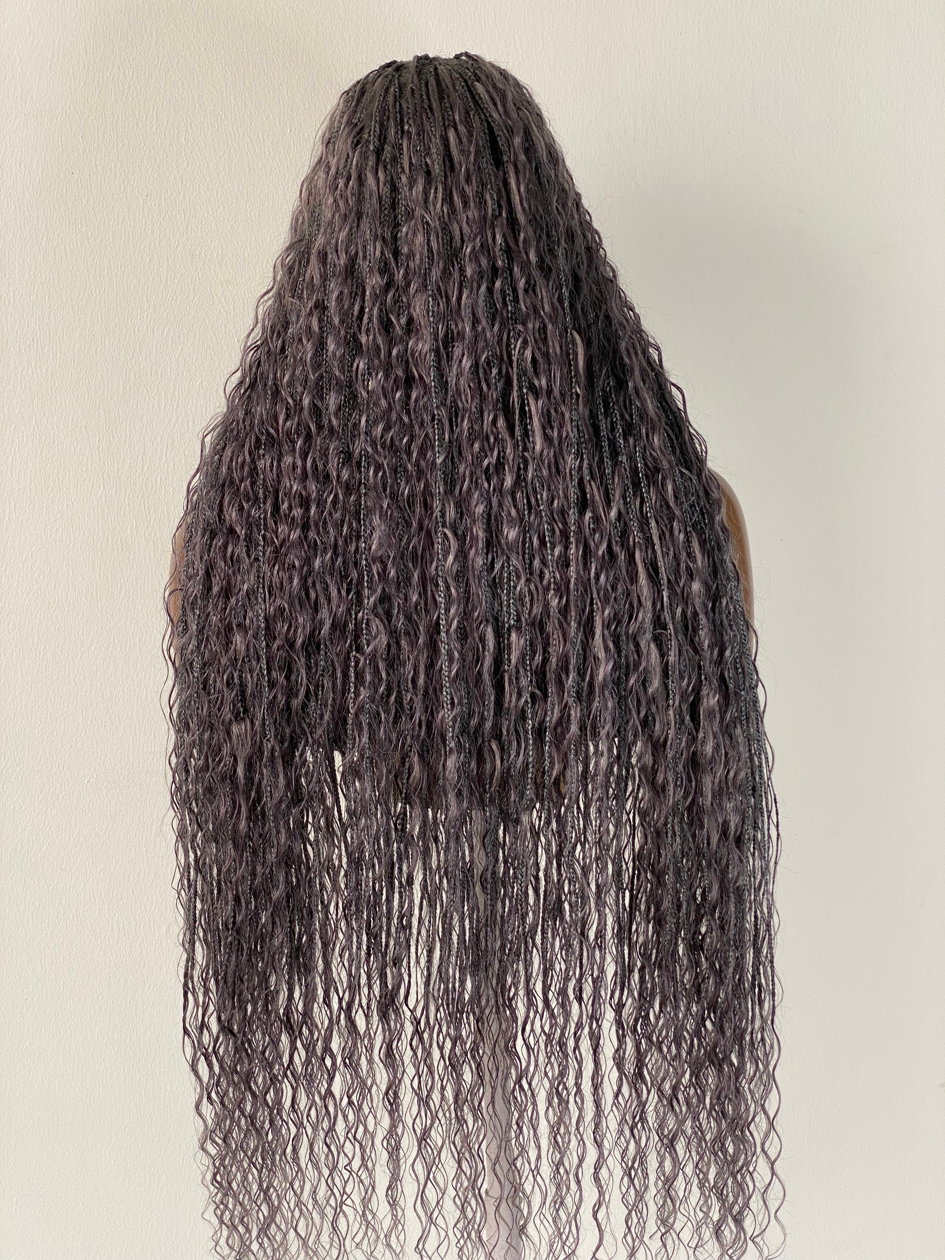 100% Human Hair Bohemian Knotless Braid Wig, Gray Color, Waist Length - (TARA GERY) 100% Human Hair Bohemian Knotless Braid Wig, Gray Color, Waist Length - (TARA GERY)