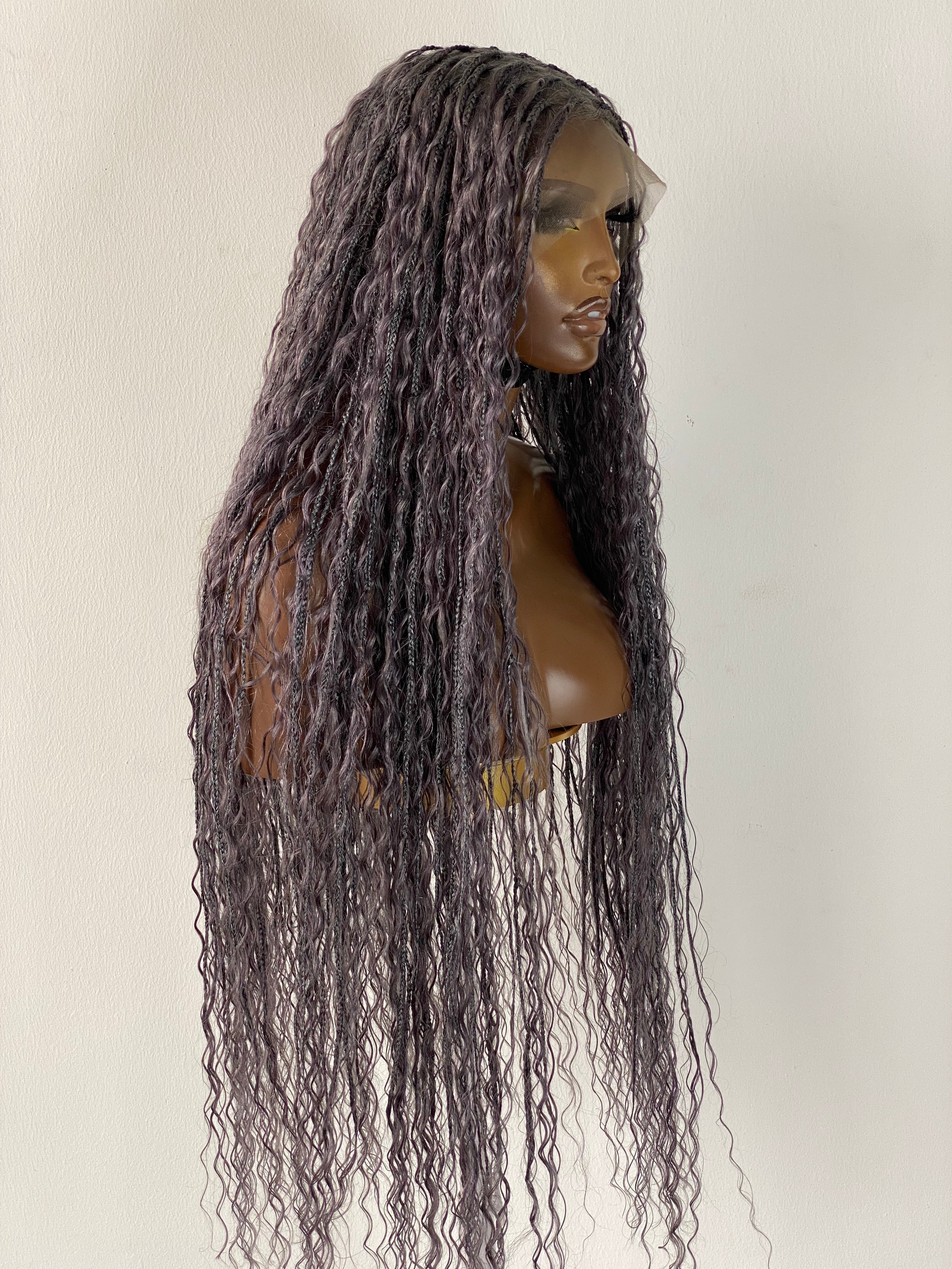 100% Human Hair Bohemian Knotless Braid Wig, Gray Color, Waist Length - (TARA GERY) 100% Human Hair Bohemian Knotless Braid Wig, Gray Color, Waist Length - (TARA GERY)
