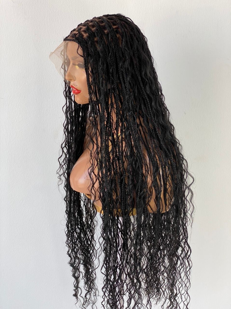 Bohemian Knotless Braided Wig, Swiss Full Lace, Black Color, Waist Length - READY TO SHIP Bohemian Knotless Braided Wig, Swiss Full Lace, Black Color, Waist Length - READY TO SHIP