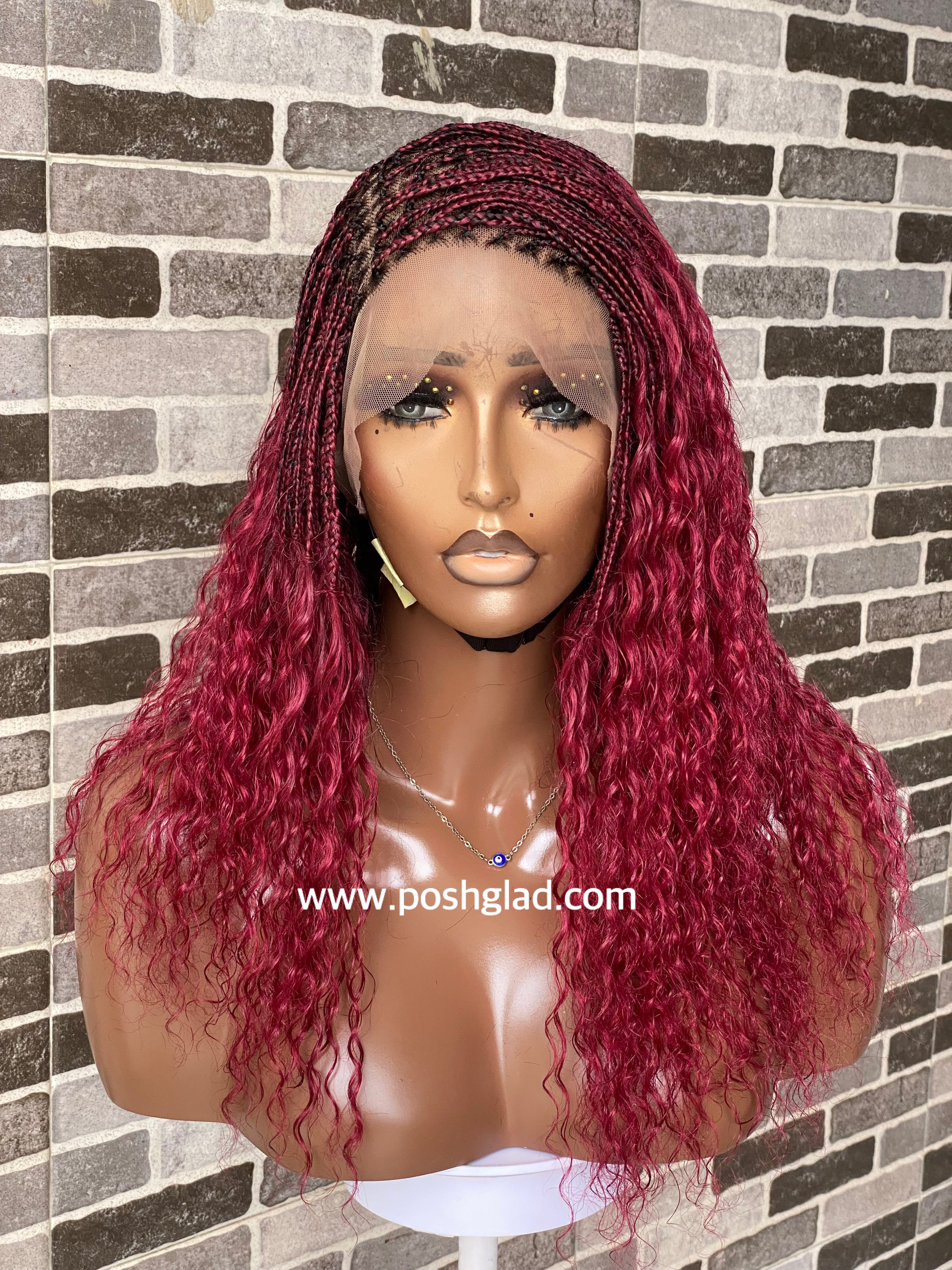 Wet And Wavy 100% Human Hair Knotless Braid Wig, HD Full Lace, Burgundy Wet And Wavy 100% Human Hair Knotless Braid Wig, HD Full Lace, Burgundy