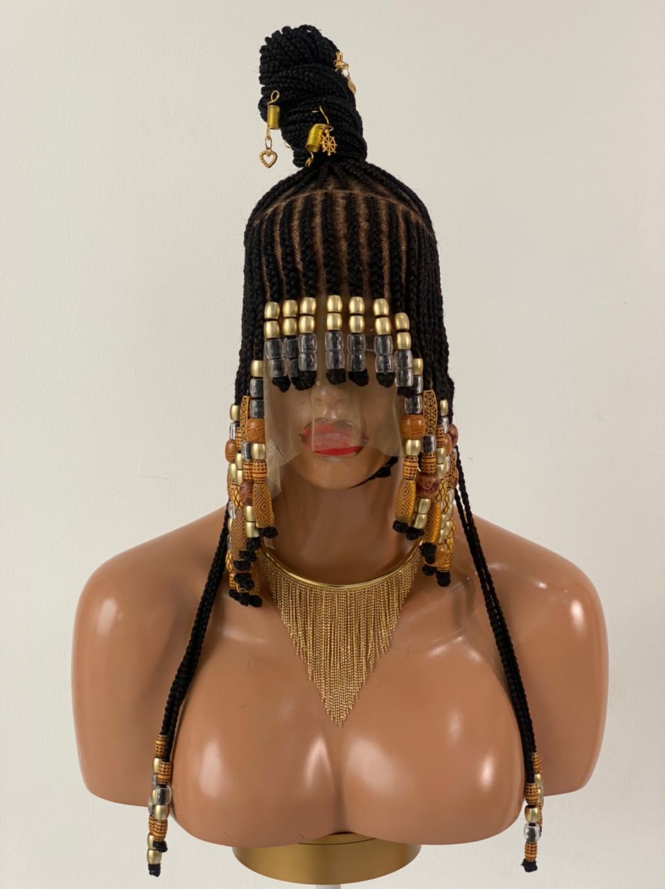 Queen Arewa Cornrow Beaded Wig (100% Full Lace Base) Color 1B Queen Arewa Cornrow Beaded Wig (100% Full Lace Base) Color 1B