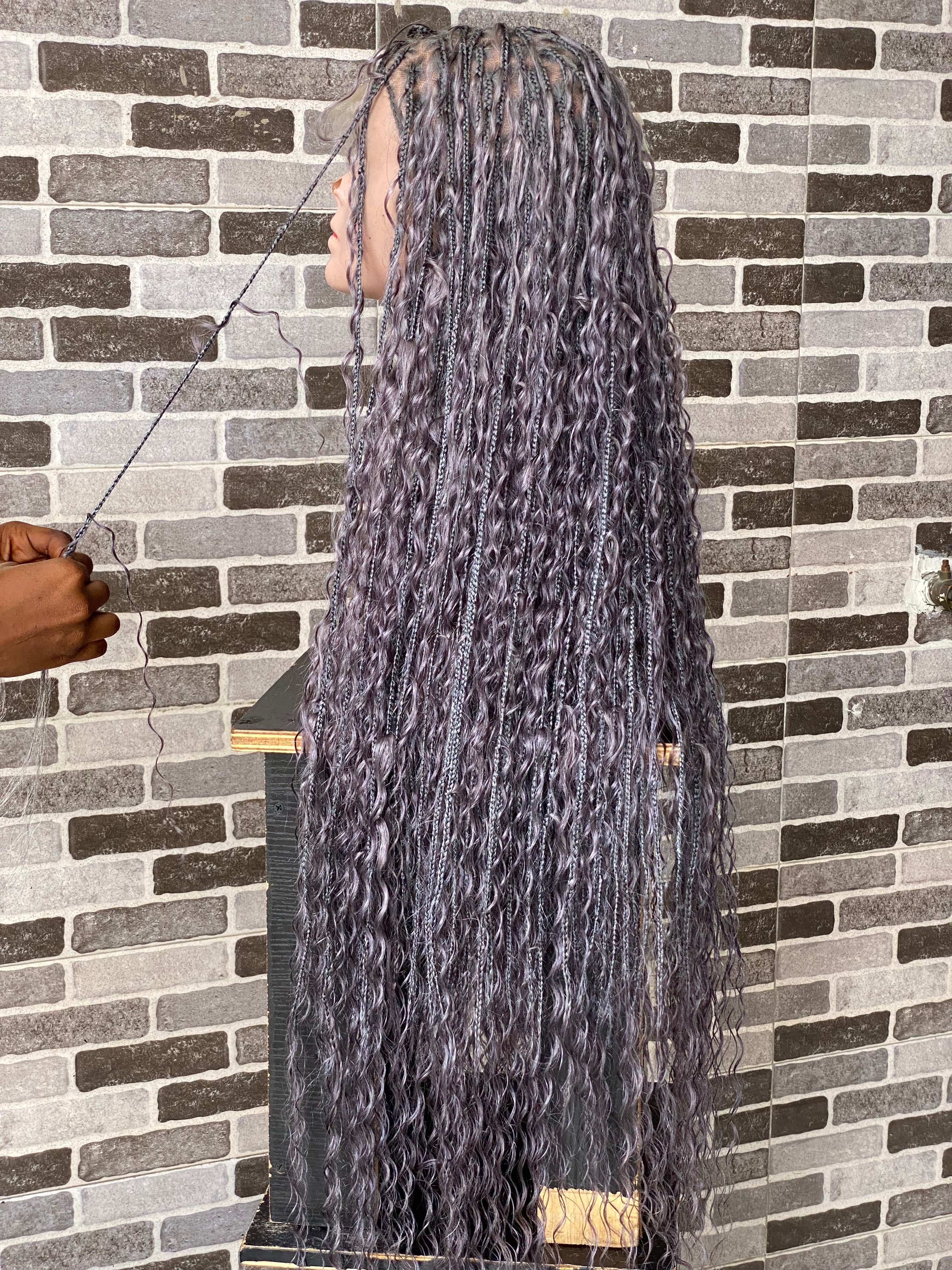 100% Human Hair Bohemian Knotless Braid Wig, Gray Color, Waist Length - (TARA GERY) 100% Human Hair Bohemian Knotless Braid Wig, Gray Color, Waist Length - (TARA GERY)