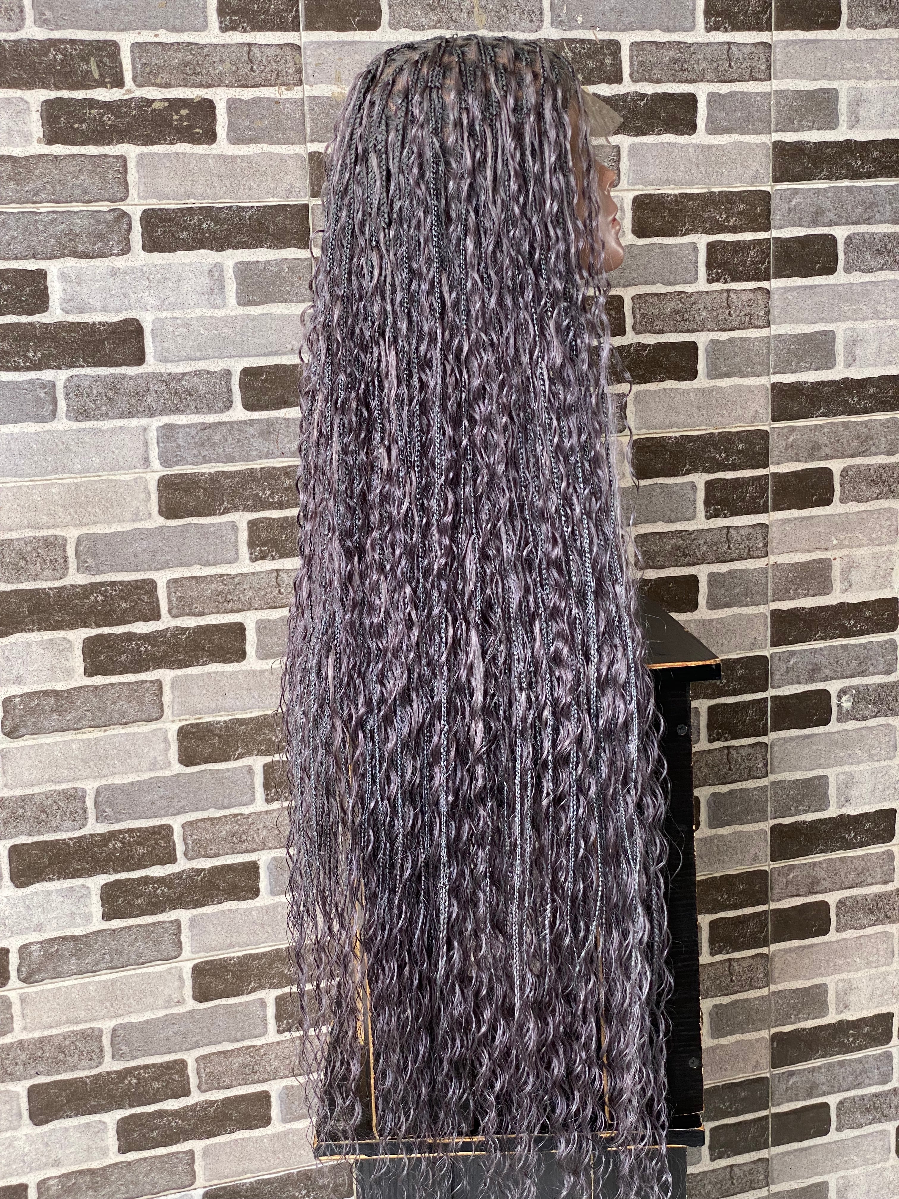 100% Human Hair Bohemian Knotless Braid Wig, Gray Color, Waist Length - (TARA GERY) 100% Human Hair Bohemian Knotless Braid Wig, Gray Color, Waist Length - (TARA GERY)