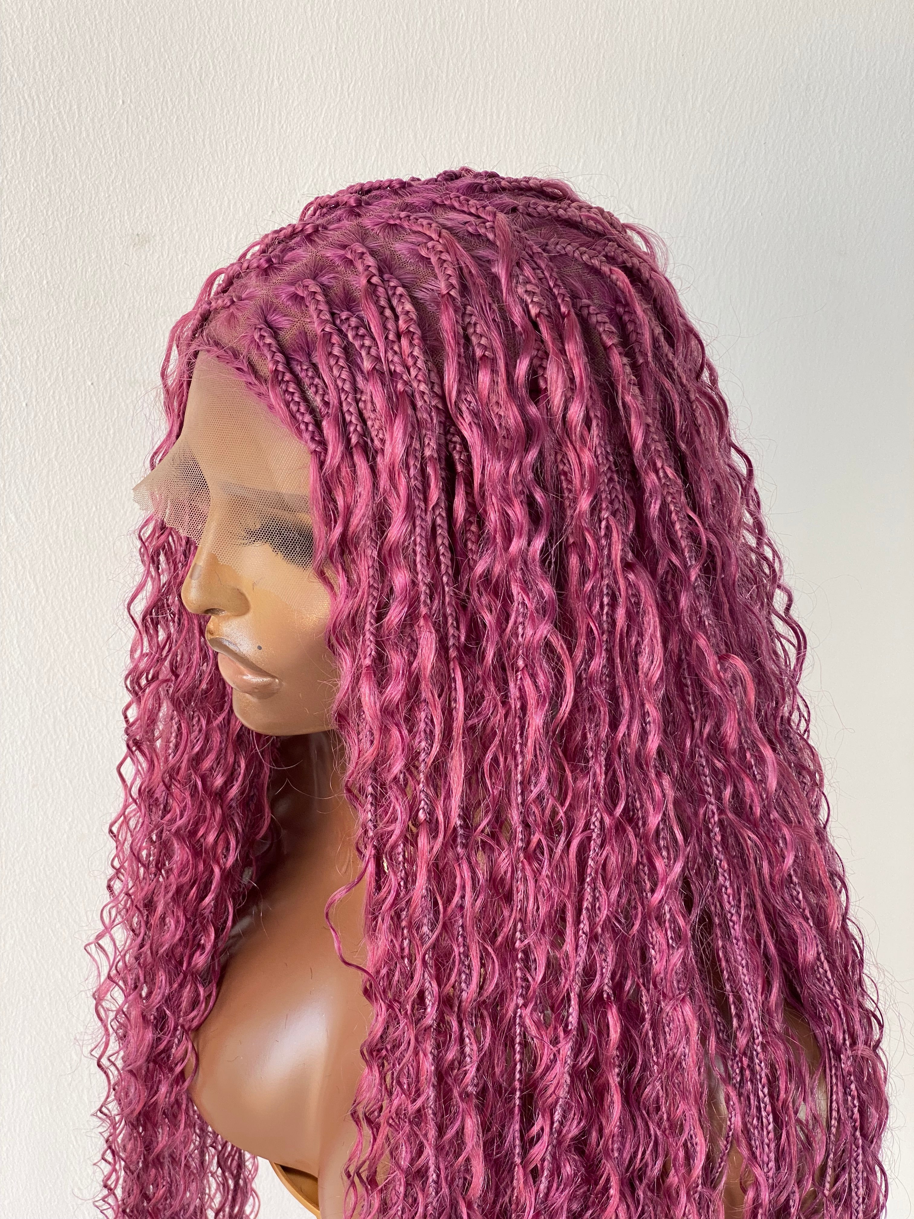 Bohemian Knotless Braid Wig, Pink Color (100% Human Hair Curls) Full lace - Tara Bohemian Knotless Braid Wig, Pink Color (100% Human Hair Curls) Full lace - Tara