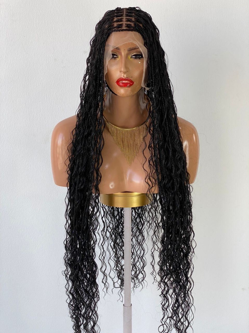 Bohemian Knotless Braided Wig, Swiss Full Lace, Black Color, Waist Length - READY TO SHIP Bohemian Knotless Braided Wig, Swiss Full Lace, Black Color, Waist Length - READY TO SHIP