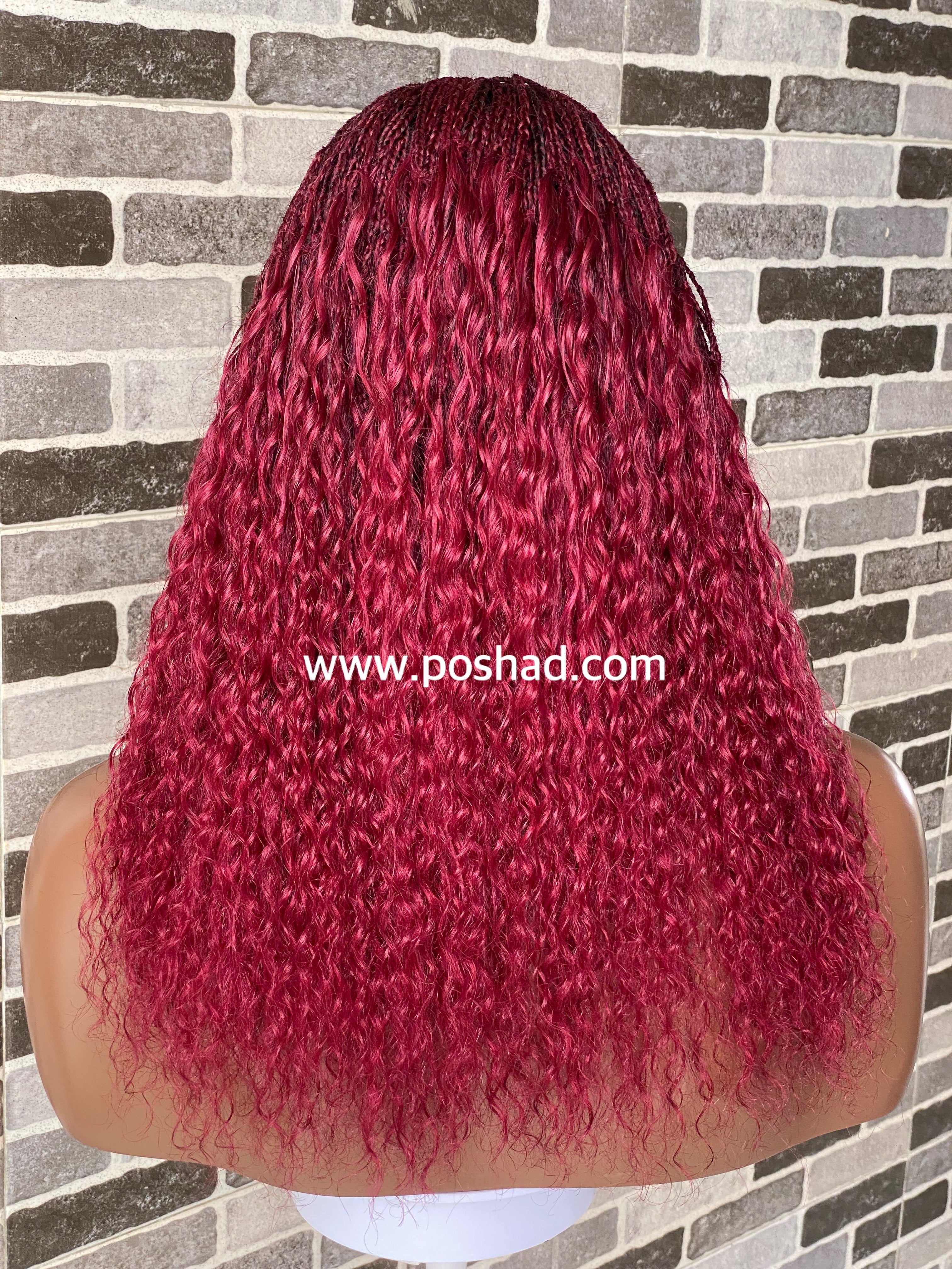 Wet And Wavy 100% Human Hair Knotless Braid Wig, HD Full Lace, Burgundy Wet And Wavy 100% Human Hair Knotless Braid Wig, HD Full Lace, Burgundy