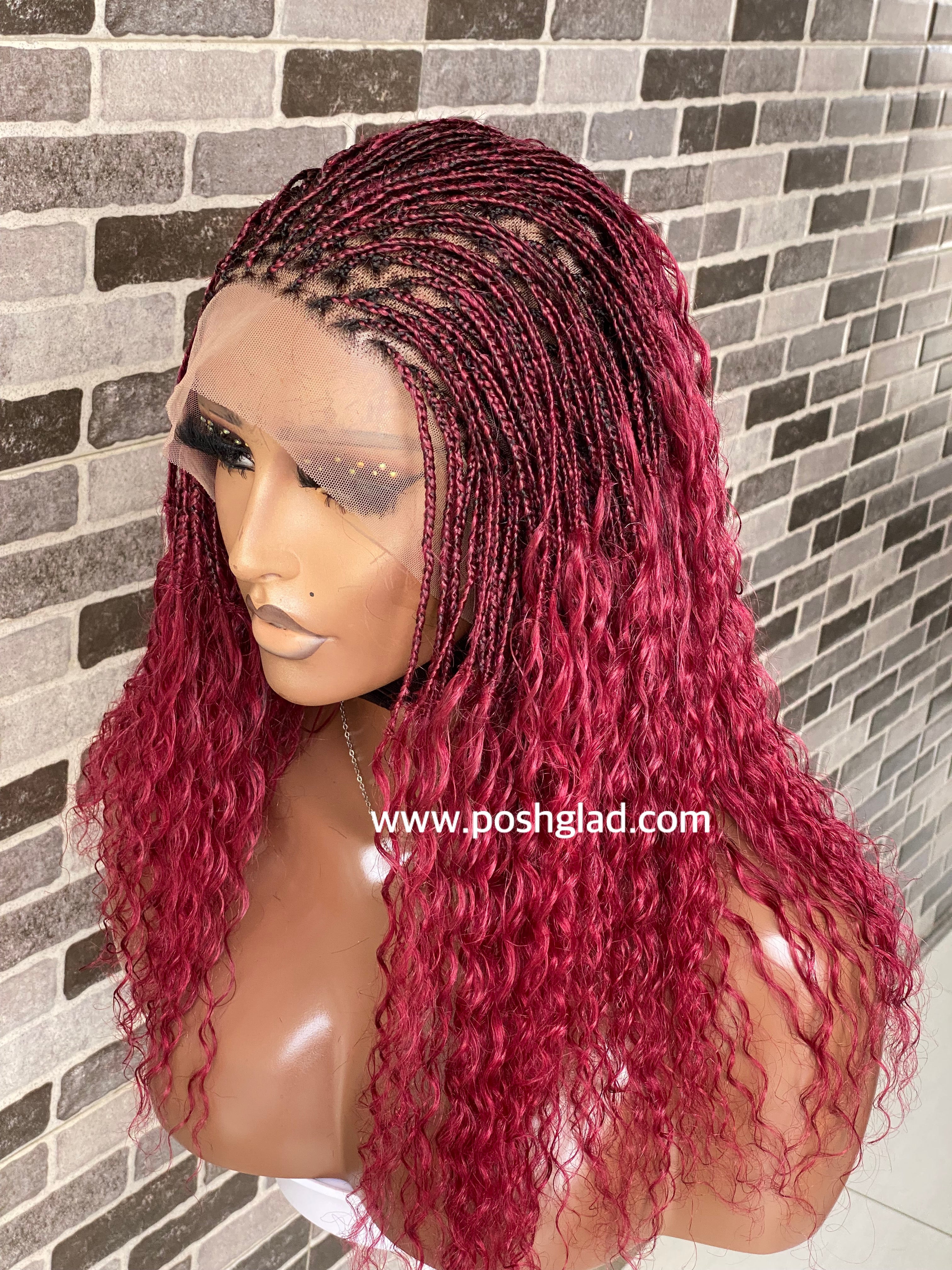 Wet And Wavy 100% Human Hair Knotless Braid Wig, HD Full Lace, Burgundy Wet And Wavy 100% Human Hair Knotless Braid Wig, HD Full Lace, Burgundy