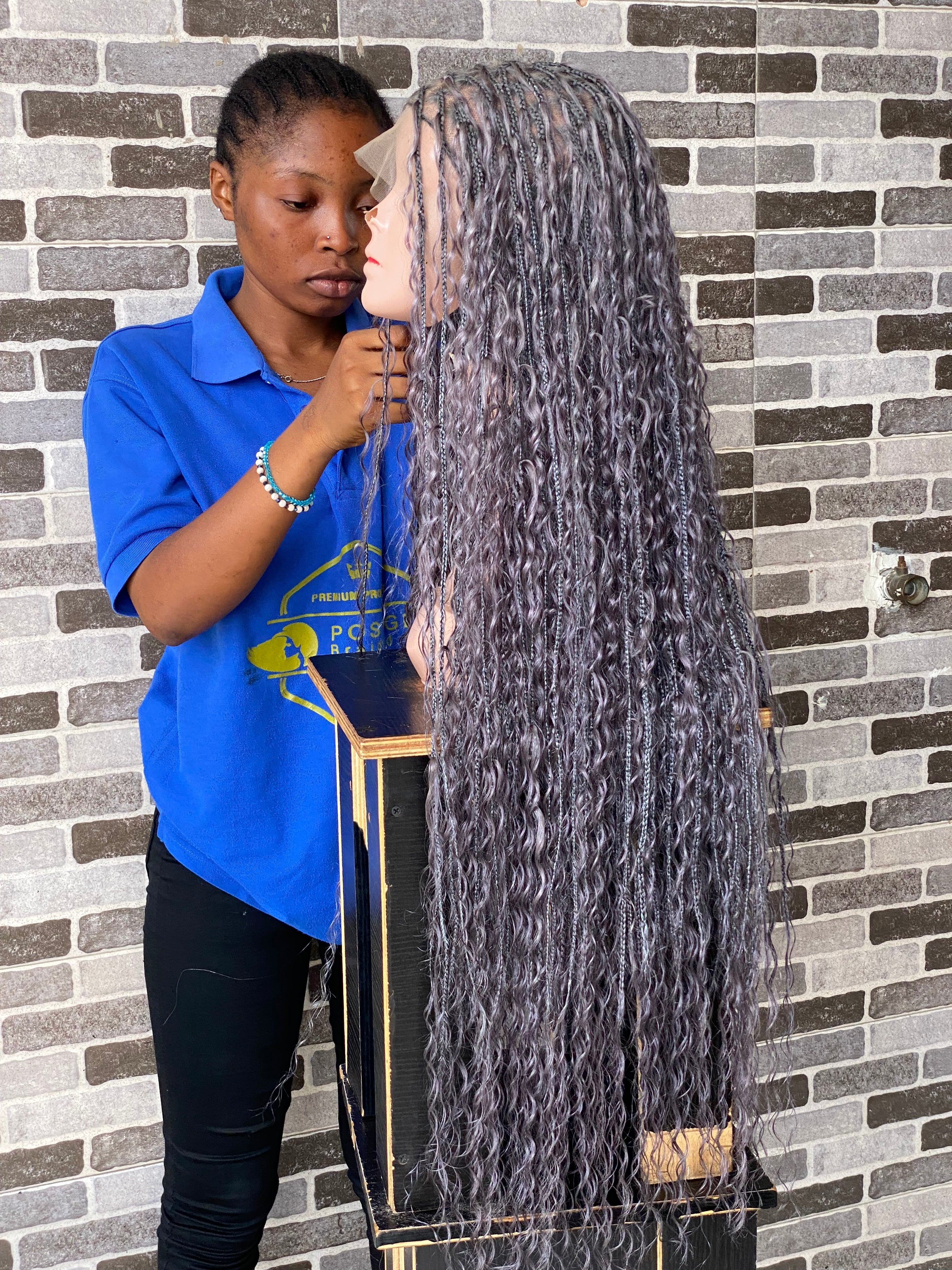 100% Human Hair Bohemian Knotless Braid Wig, Gray Color, Waist Length - (TARA GERY) 100% Human Hair Bohemian Knotless Braid Wig, Gray Color, Waist Length - (TARA GERY)
