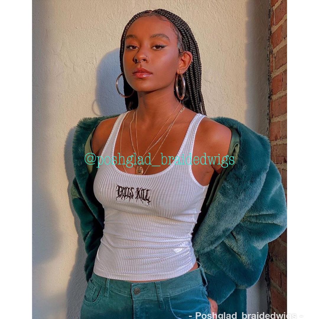 Shade Knotless Braid Wig, Swiss Full Lace, Color 1B, Glueless - Solange Shade Knotless Braid Wig, Swiss Full Lace, Color 1B, Glueless - Solange