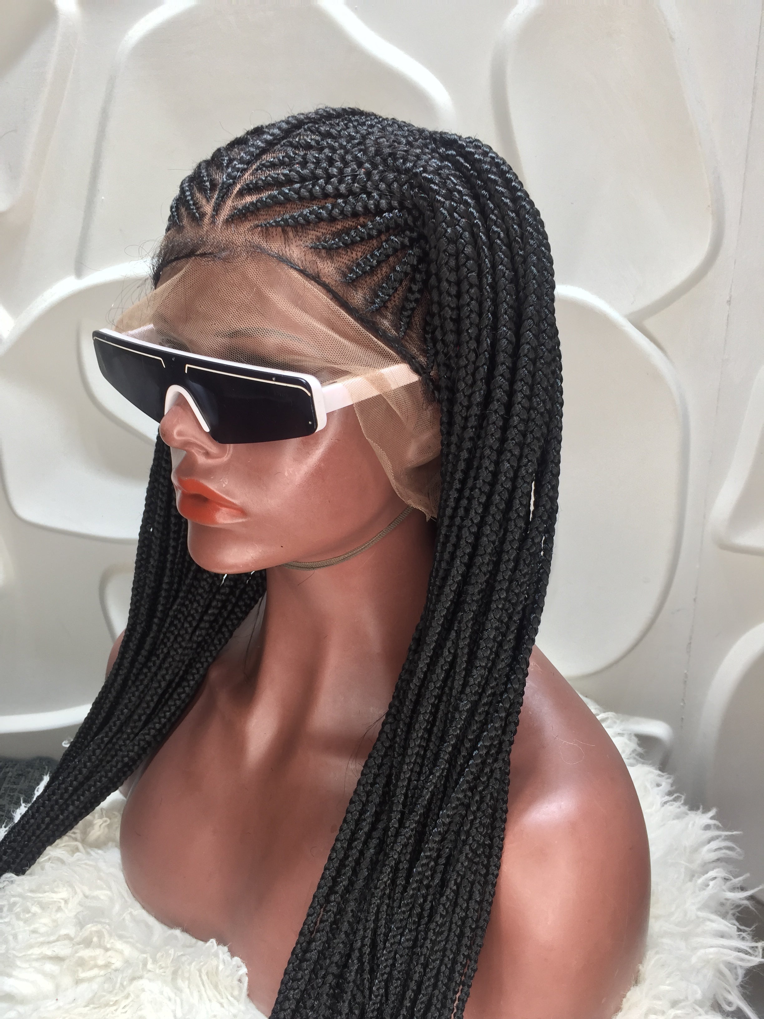 Cornrow Braded Wig, Black, Medium Brown Lace, Midback Length - Tope Cornrow Braded Wig, Black, Medium Brown Lace, Midback Length - Tope