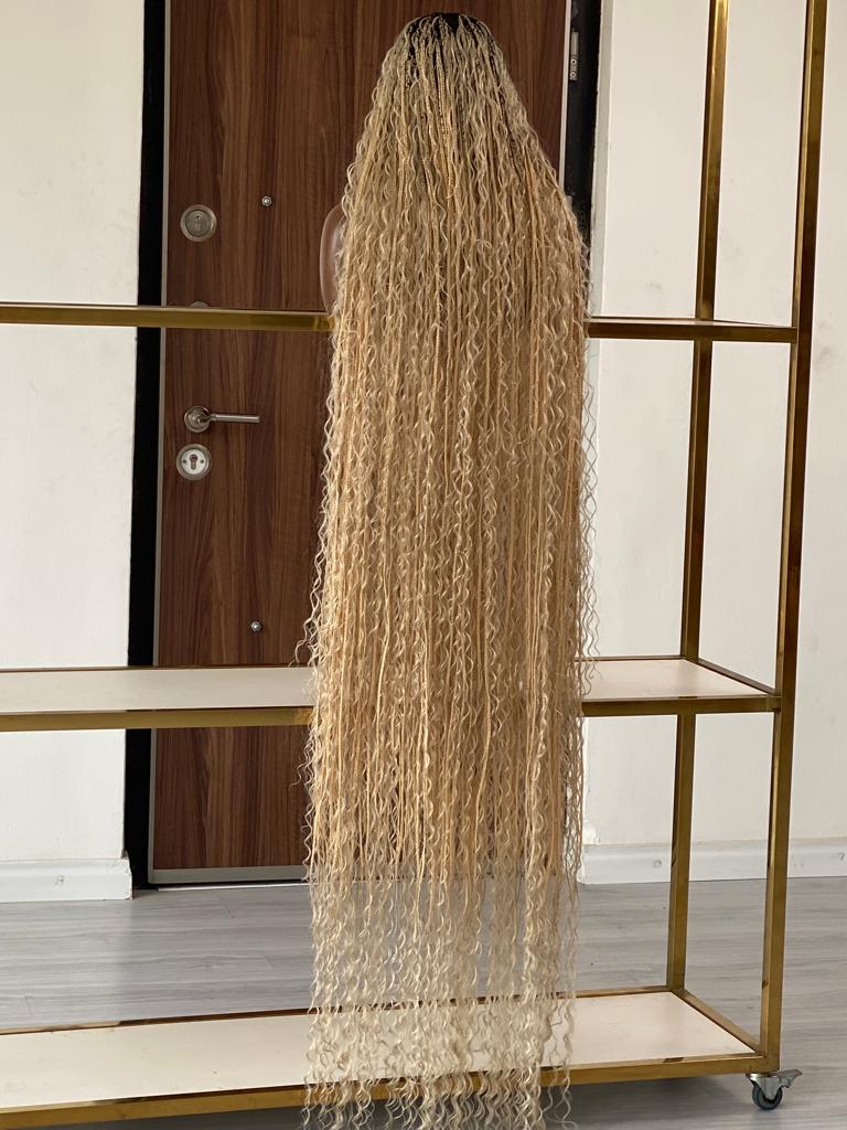Bohemian Knotless Braid Wig, HD Full Lace, Ankle Length, Blonde, Black Root Bohemian Knotless Braid Wig, HD Full Lace, Ankle Length, Blonde, Black Root