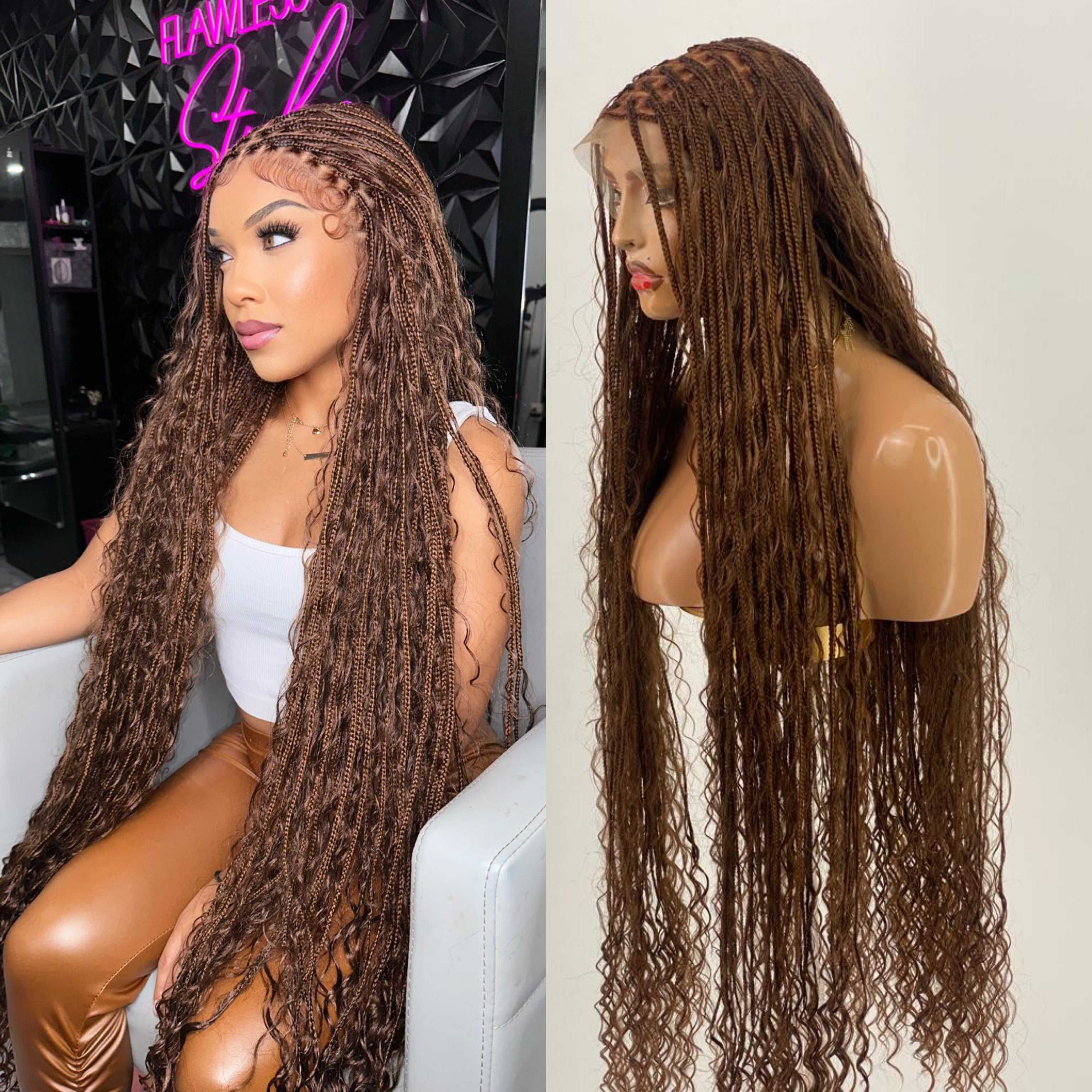 Bohemian Knotless Braid Wig, Swiss Full Lace, Color 30, Tailbone Length - Demi Bohemian Knotless Braid Wig, Swiss Full Lace, Color 30, Tailbone Length - Demi