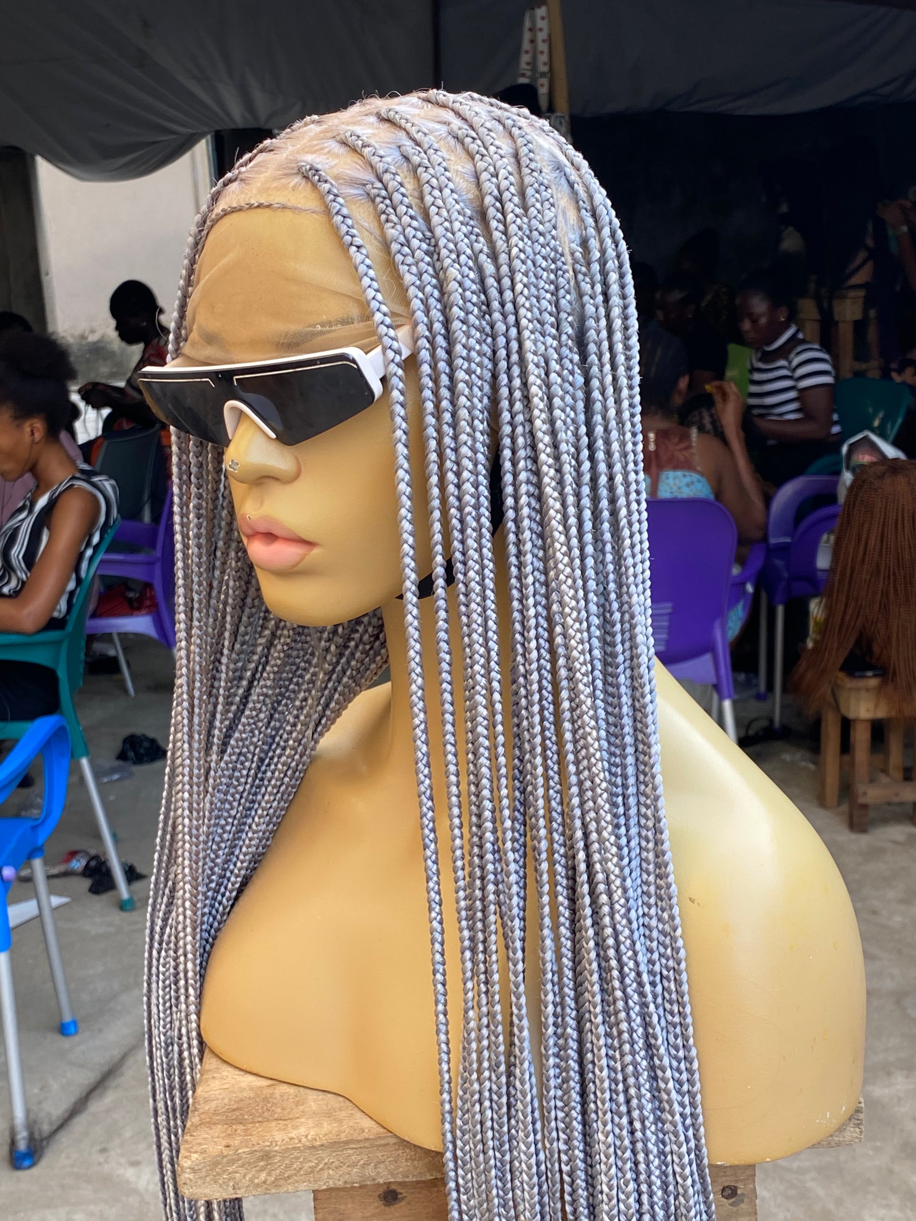 Knotless Braided Wig, Swiss Full Lace, Gray Color, Waist Length, Standard Density - Shawna Knotless Braided Wig, Swiss Full Lace, Gray Color, Waist Length, Standard Density - Shawna