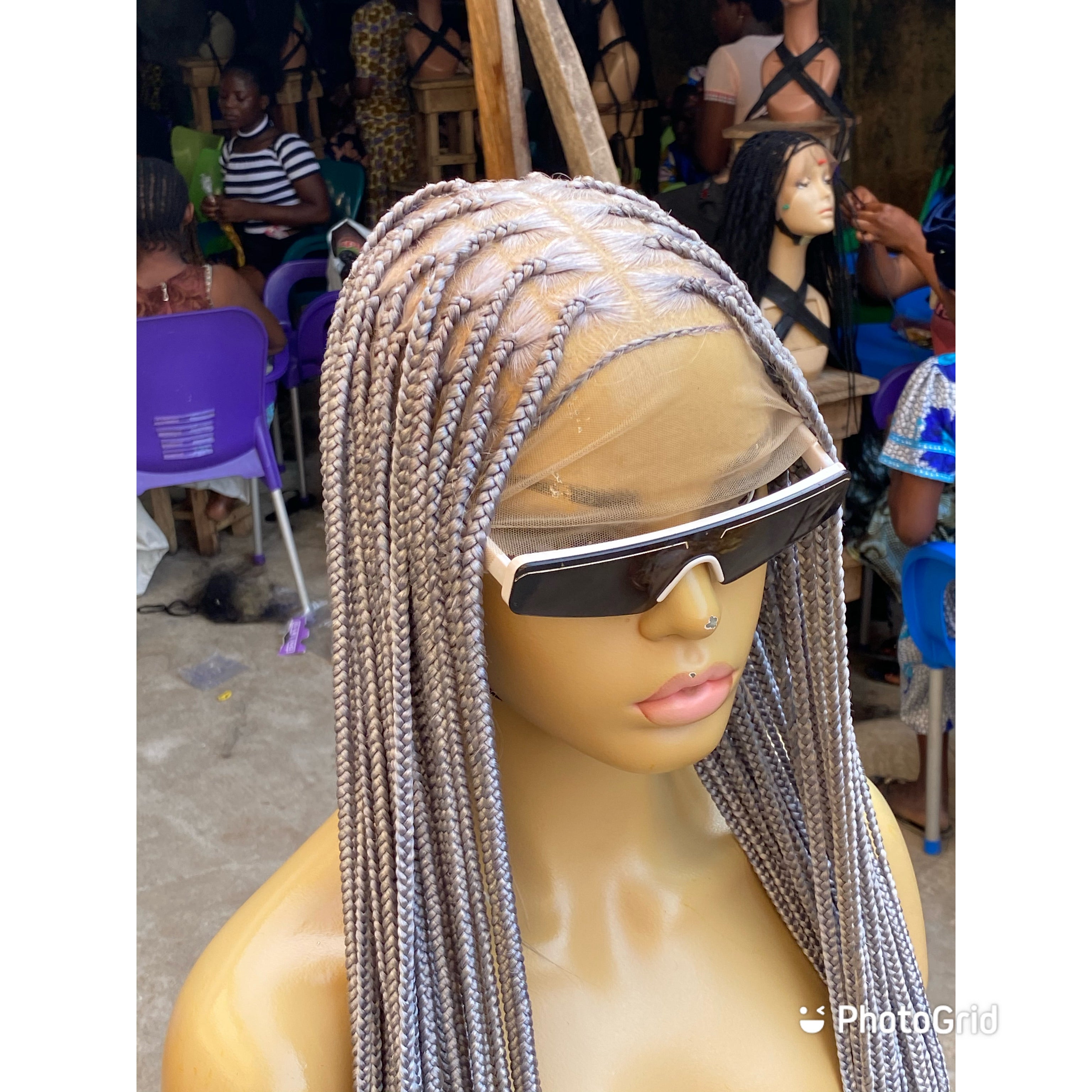 Knotless Braided Wig, Swiss Full Lace, Gray Color, Waist Length, Standard Density - Shawna Knotless Braided Wig, Swiss Full Lace, Gray Color, Waist Length, Standard Density - Shawna