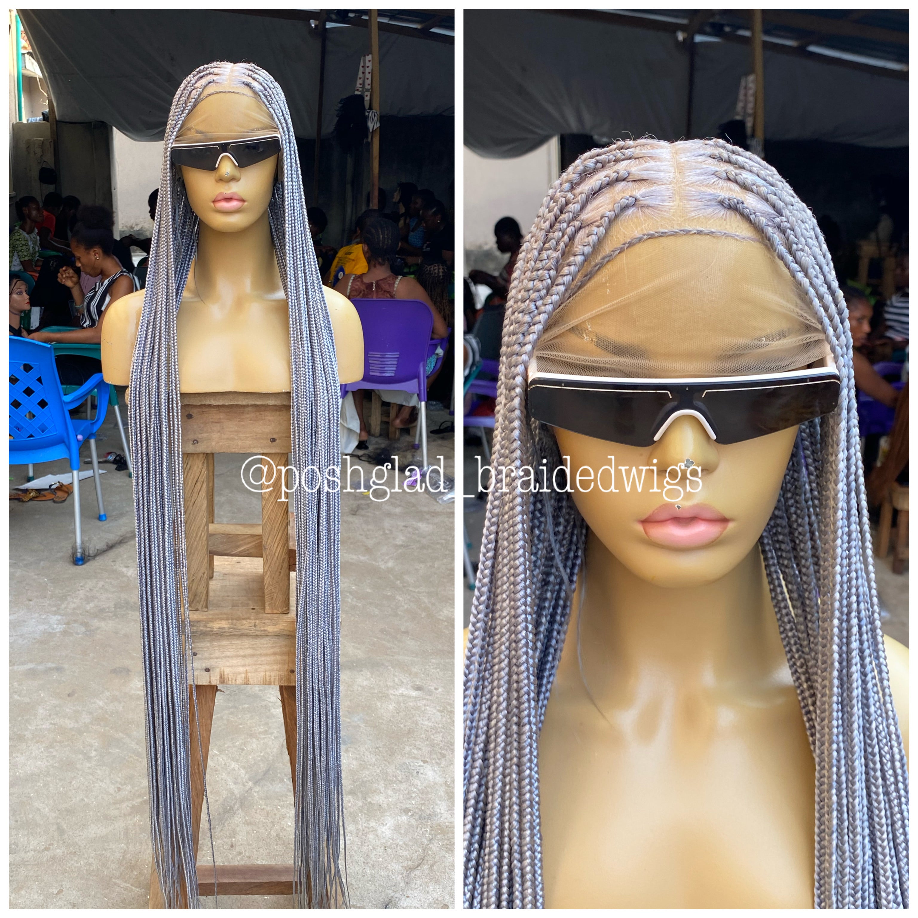 Knotless Braided Wig, Swiss Full Lace, Gray Color, Waist Length, Standard Density - Shawna Knotless Braided Wig, Swiss Full Lace, Gray Color, Waist Length, Standard Density - Shawna