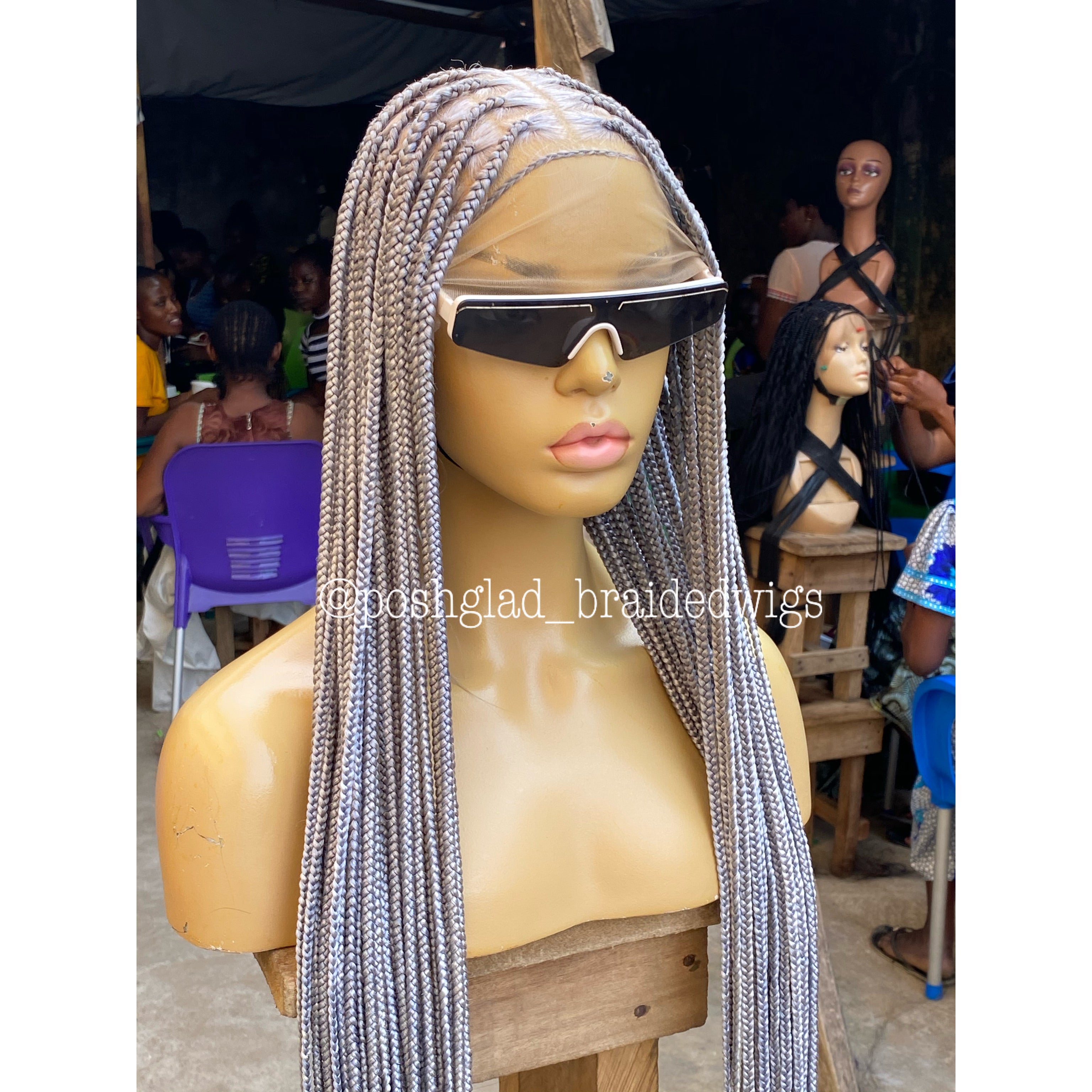 Knotless Braided Wig, Swiss Full Lace, Gray Color, Waist Length, Standard Density - Shawna Knotless Braided Wig, Swiss Full Lace, Gray Color, Waist Length, Standard Density - Shawna