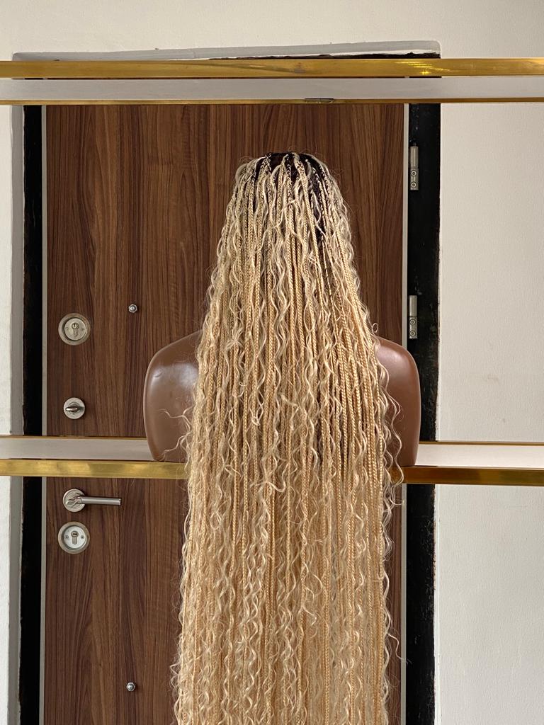 Bohemian Knotless Braid Wig, HD Full Lace, Ankle Length, Blonde, Black Root Bohemian Knotless Braid Wig, HD Full Lace, Ankle Length, Blonde, Black Root