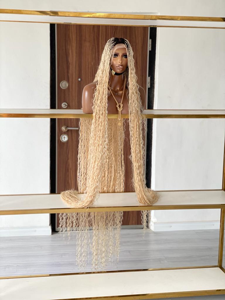 Bohemian Knotless Braid Wig, HD Full Lace, Ankle Length, Blonde, Black Root Bohemian Knotless Braid Wig, HD Full Lace, Ankle Length, Blonde, Black Root