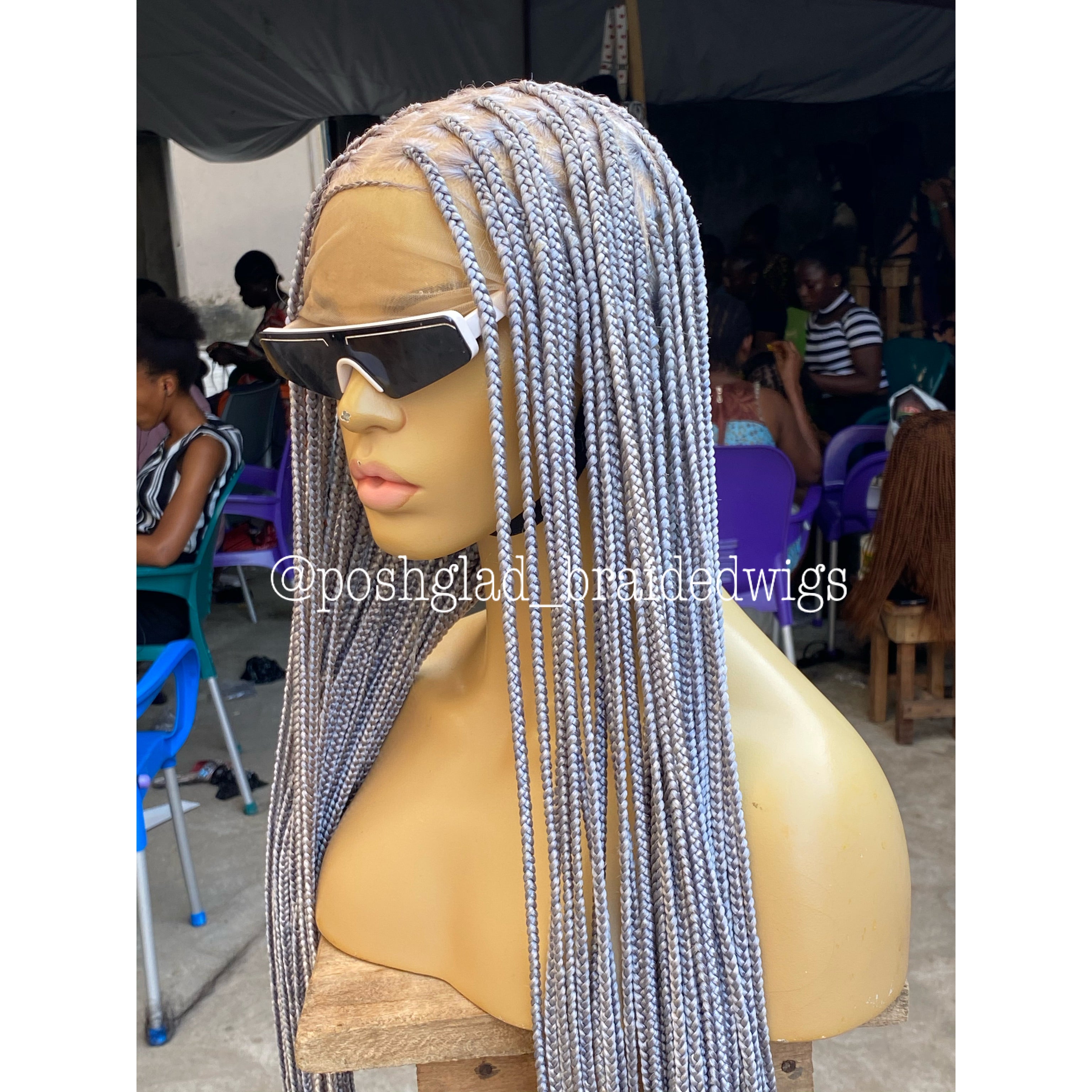 Knotless Braided Wig, Swiss Full Lace, Gray Color, Waist Length, Standard Density - Shawna Knotless Braided Wig, Swiss Full Lace, Gray Color, Waist Length, Standard Density - Shawna