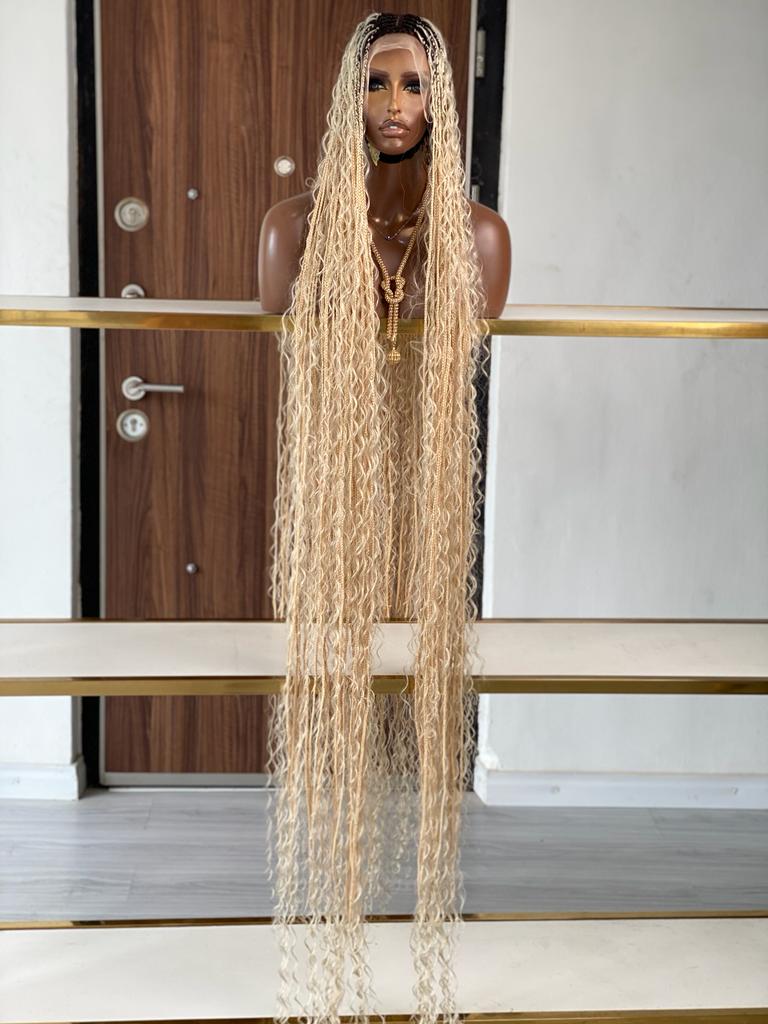 Bohemian Knotless Braid Wig, HD Full Lace, Ankle Length, Blonde, Black Root Bohemian Knotless Braid Wig, HD Full Lace, Ankle Length, Blonde, Black Root