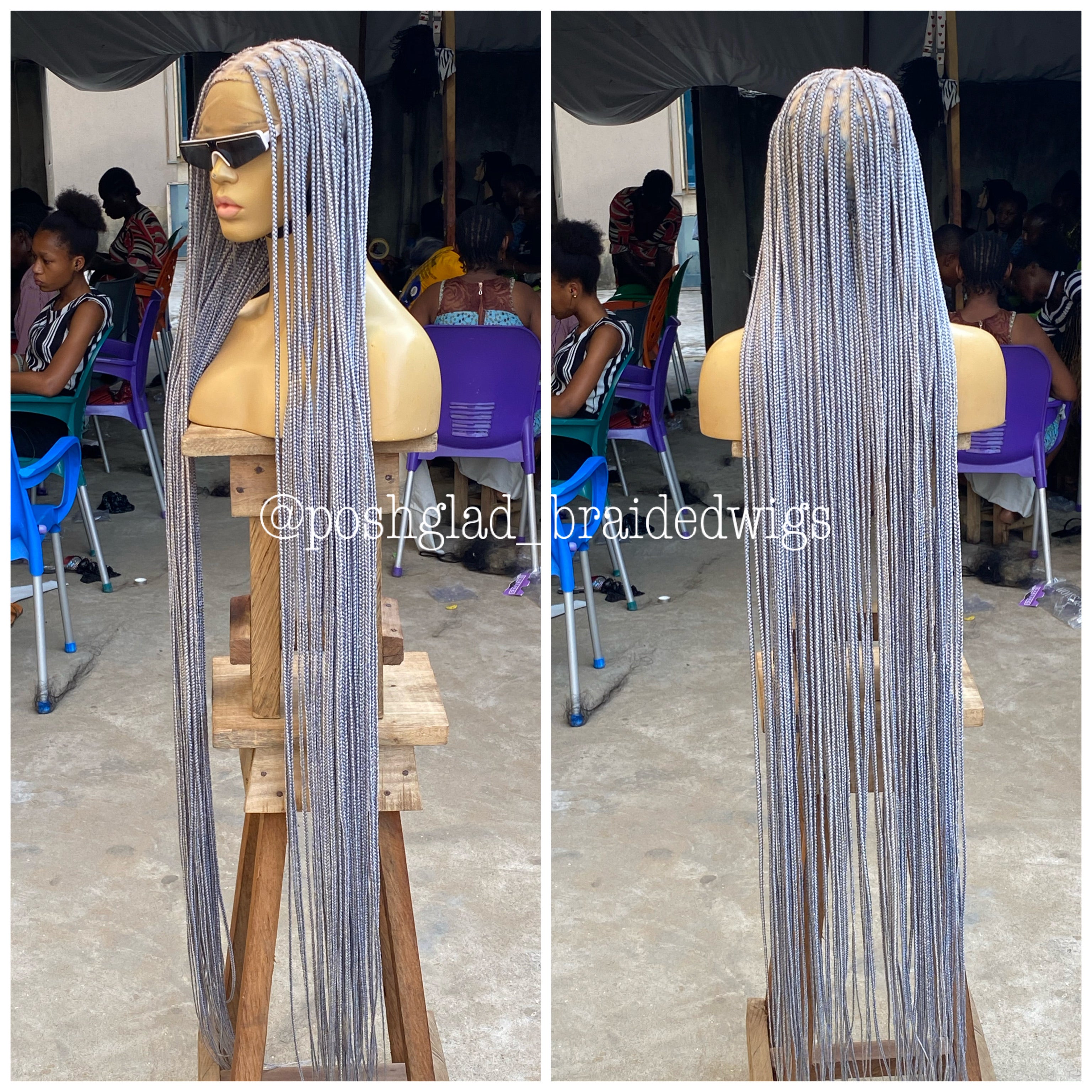 Knotless Braided Wig, Swiss Full Lace, Gray Color, Waist Length, Standard Density - Shawna Knotless Braided Wig, Swiss Full Lace, Gray Color, Waist Length, Standard Density - Shawna
