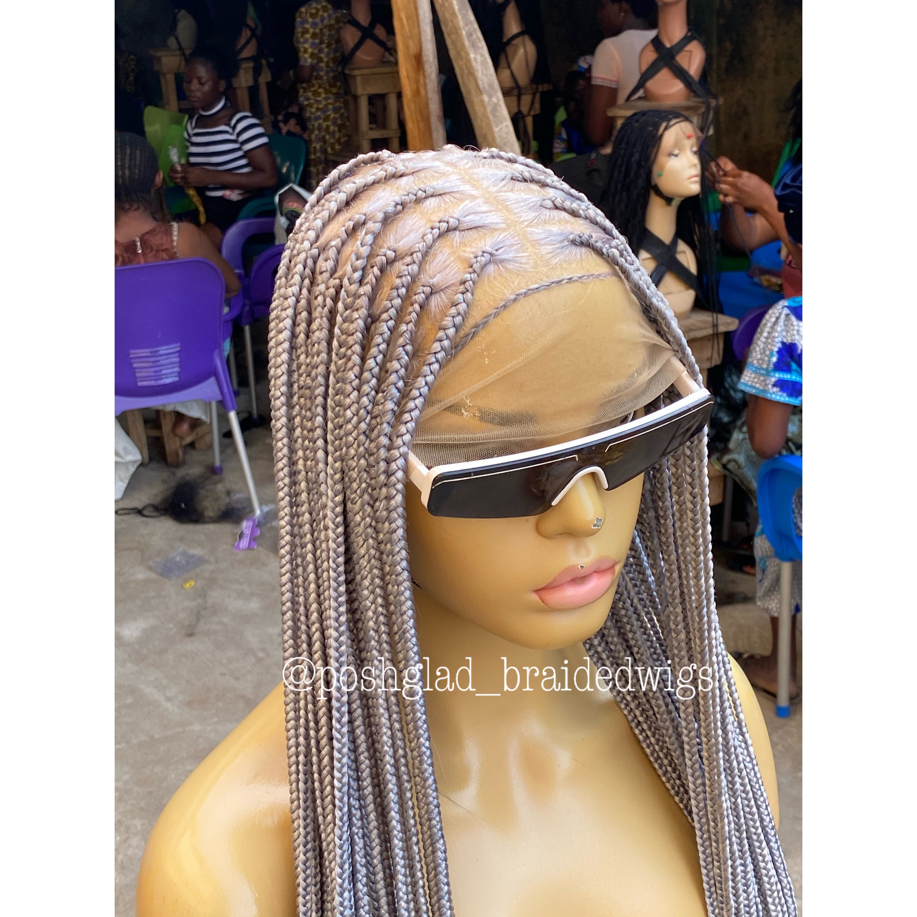 Knotless Braided Wig, Swiss Full Lace, Gray Color, Waist Length, Standard Density - Shawna Knotless Braided Wig, Swiss Full Lace, Gray Color, Waist Length, Standard Density - Shawna