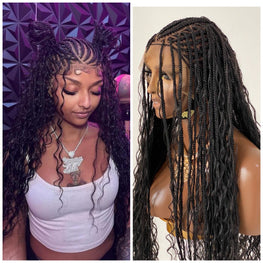 Crush Bohemian Cornrow Braided Wig, Swiss Full Lace, Black Color, Waist Length, Standard Density.